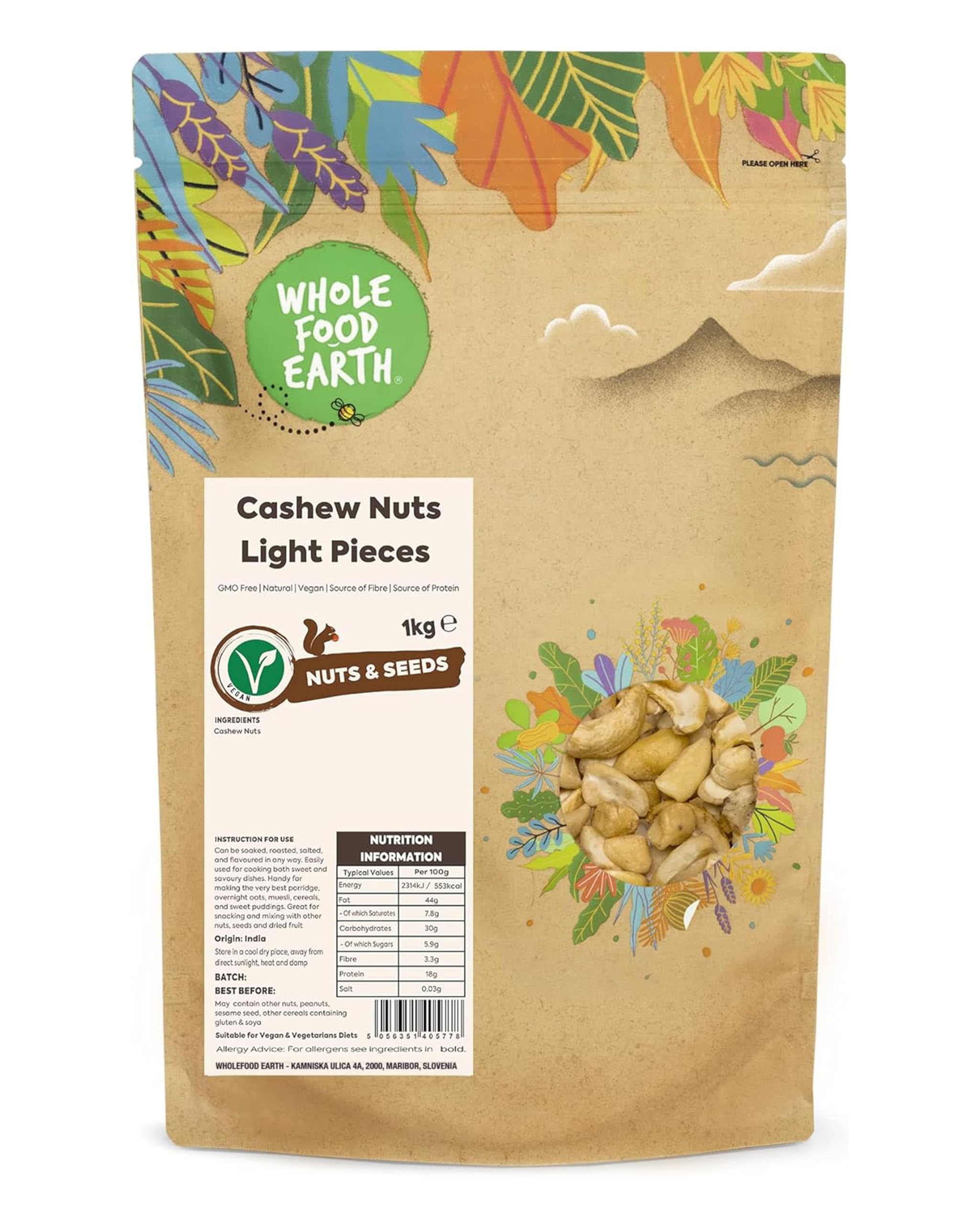 Wholefood Earth Noix de Cajou Morceaux - Sans OGM Naturel Vegan Protéine 1 kg