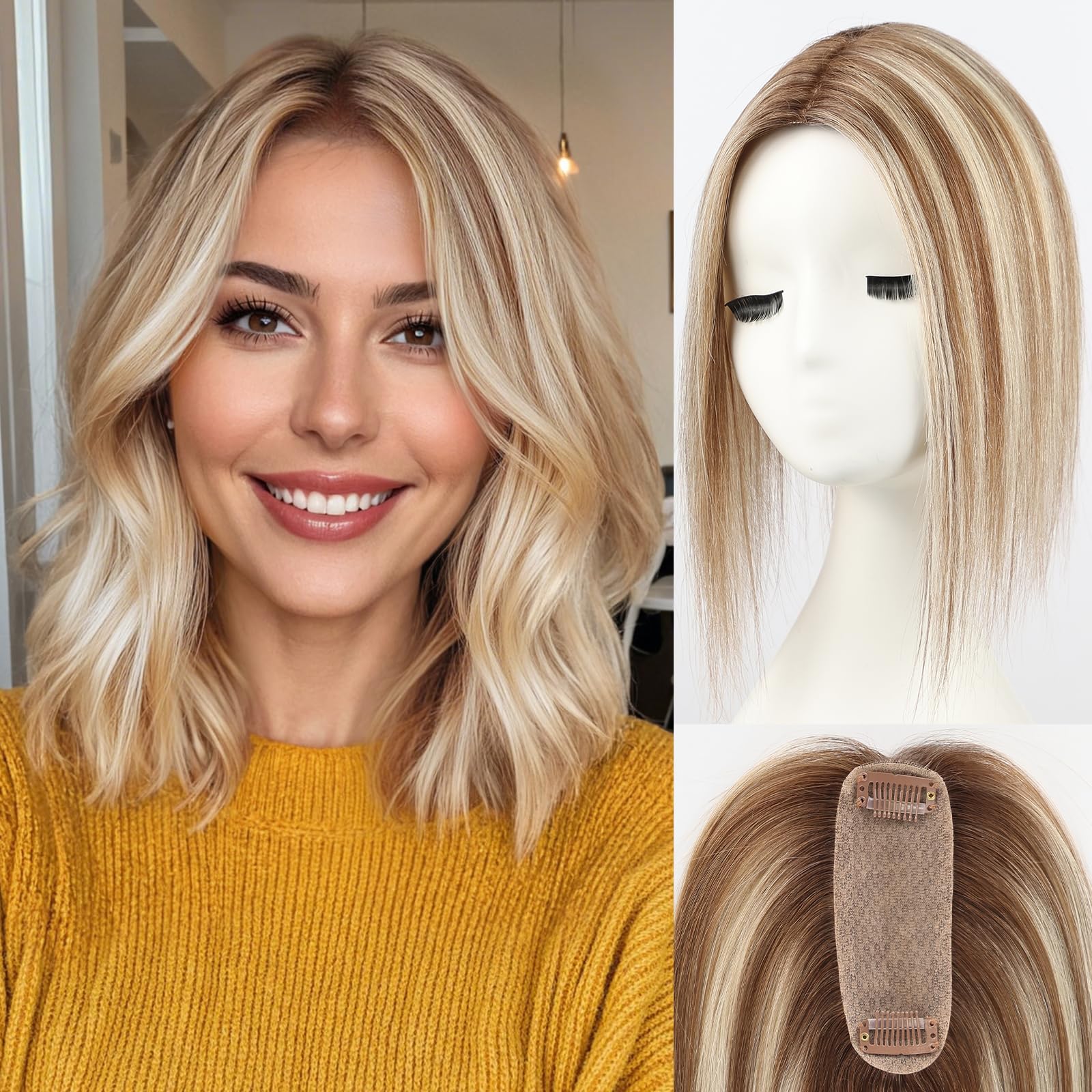 starluck Hair Toppers for Women Real Human Hair 4.5"*1.5"Silk Base ombre Blonde mix Brown HairPieces No Bangs 100% Real Human HairToppers for Women