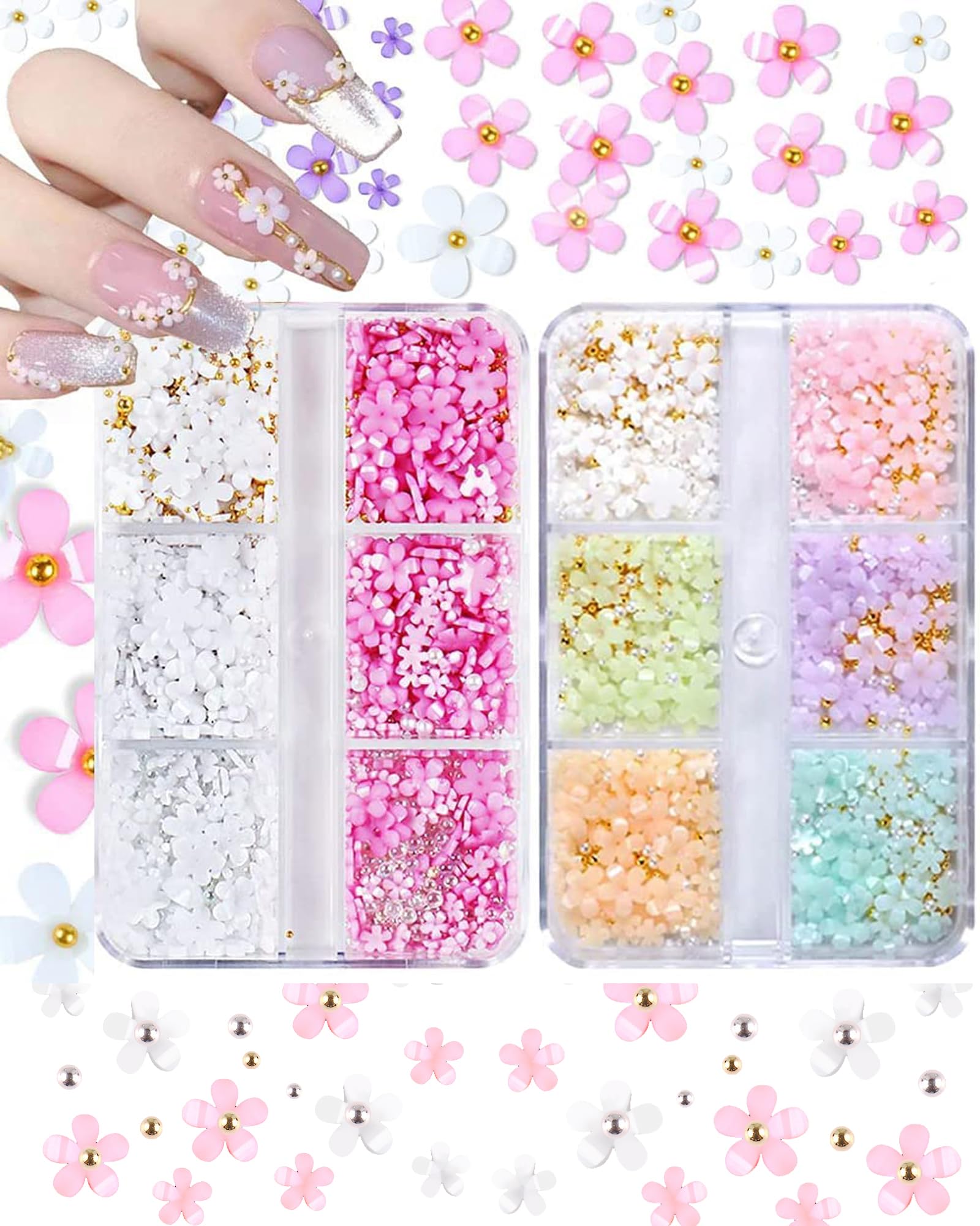 Yolanya Flower Nail Charms for Acrylic Nails - 3D Cherry Blossom Nail Decorations with Rhinestones, Caviar Beads, Pearls - DIY Nail Art Kit for Spring Manicures, Nail Salon Supplies (2 Boxes)