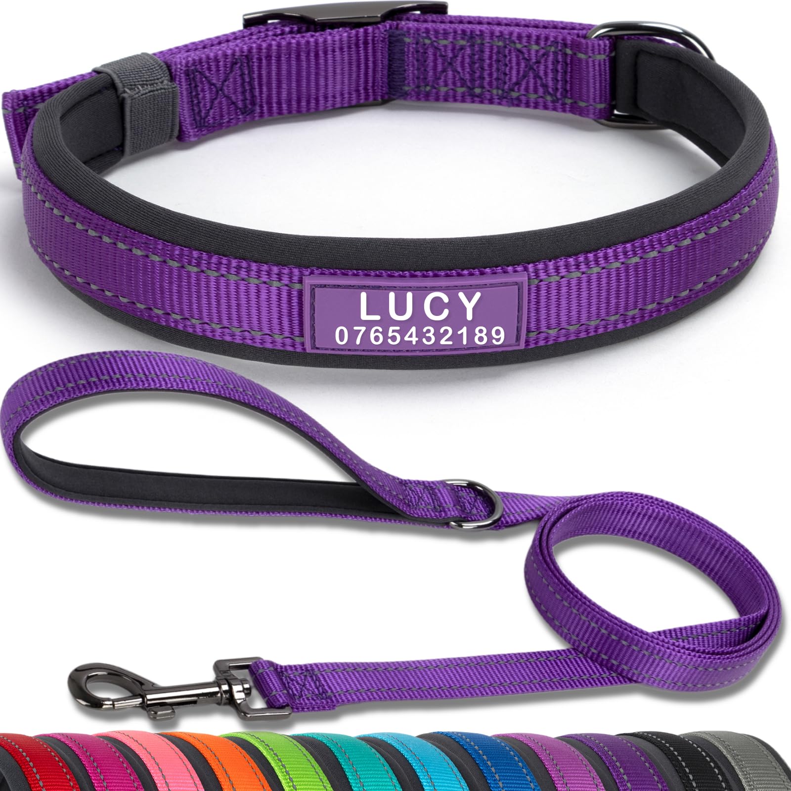 SEOUGEE Personalised Dog Collar and Lead Set | Durable Metal Buckle | Ultra Wide Soft Neoprene Padded | Adjustable Reflective Dog Collar for Medium Large Dogs (XL, Dark Purple Set 57-67cm)