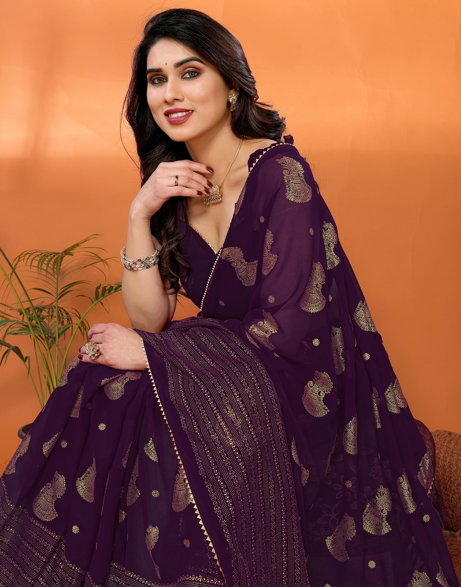 SIRIL Women's Georgette Foil Printed Saree with Unstitched Blouse Piece (4256S673_Purple) - Image 5 thumbnail