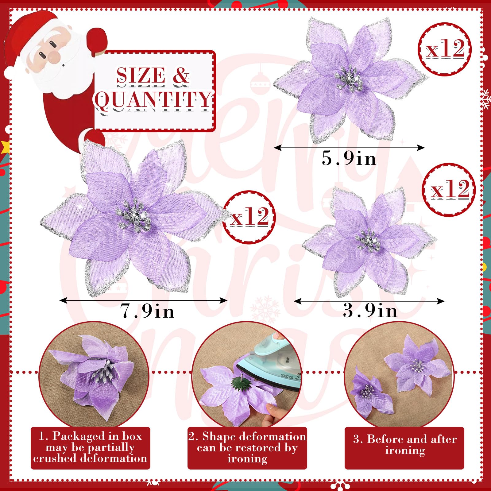 Crowye 36 flores de Pascua artificiales con purpurina de 3 tamaños, flores de Pascua artificiales para Navidad, Año Nuevo, decoración del hogar al aire libre, 4, 6 y 9 (morado)