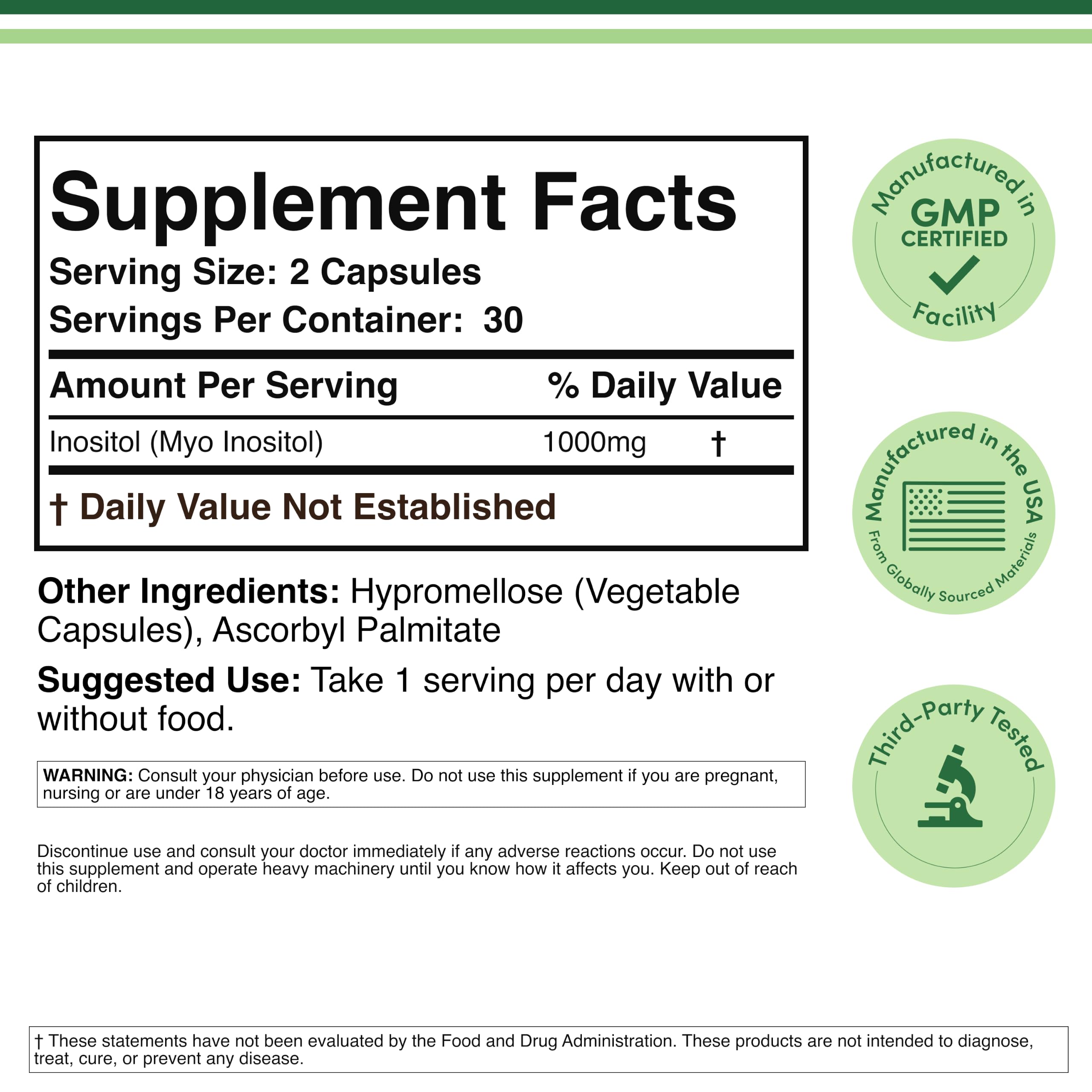 Inositol (myo inositol) 1,000mg, PCOS Supplement for Women, 60 Capsules — Amazon image 2