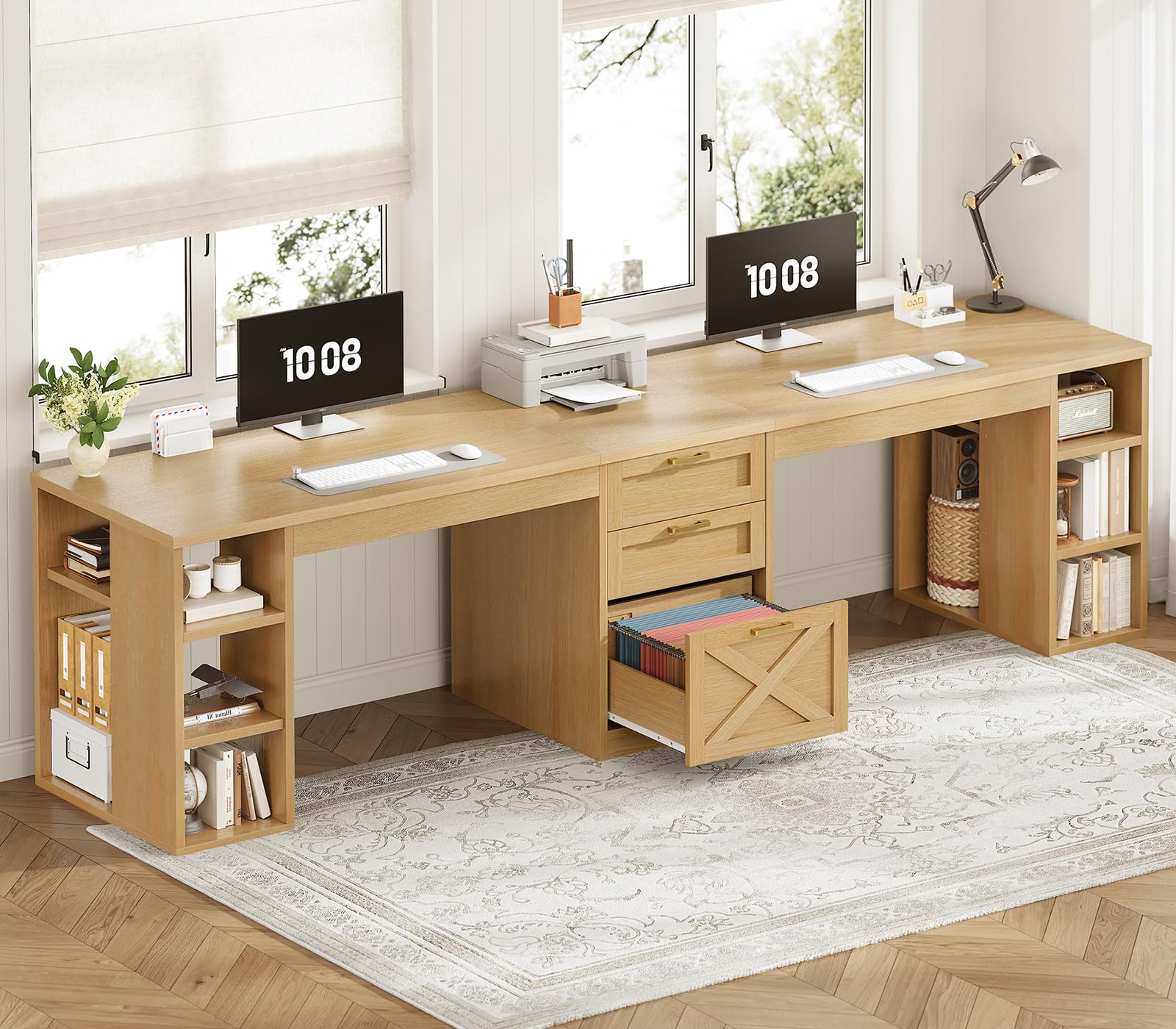 farmhouse desk with drawers storage shelves oak