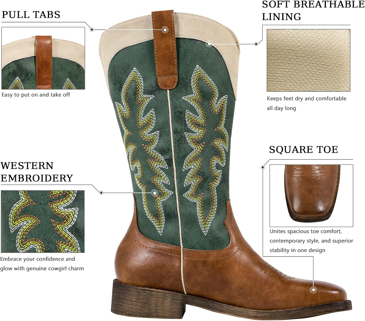 SheSole Square Toe Cowgirl Boots for Women – Wide Calf, Lightweight, Pull-On, Embroidered with Hidden Elastic, Perfect for Country Concerts, Work, Travel, and a Night Out