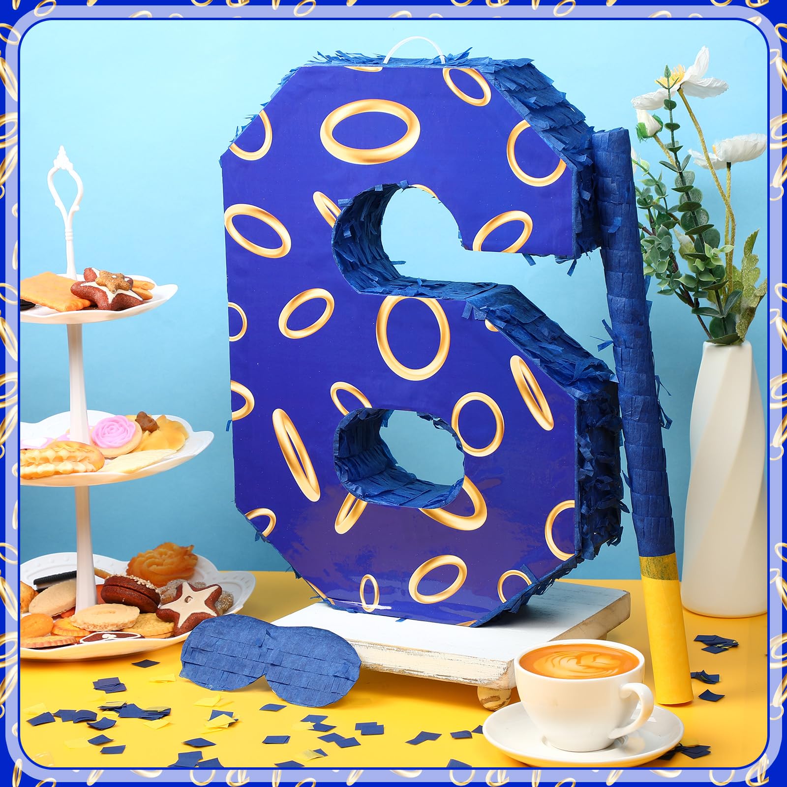 Simgoing Piñata en forme de chiffre 6 avec anneaux bleus et dorés pour anniversaire d'enfants, petite piñata avec bandeau pour les yeux et confettis pour décoration de fête Fiesta Cinco de Mayo, 40 x