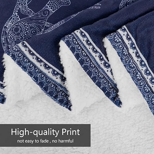 Miniatura 5 de shuownshg Manta de elefante Sherpa de forro polar azul marino, mandala floral azul elefante, manta bohemia bohemia de elefante para sofá, cama,