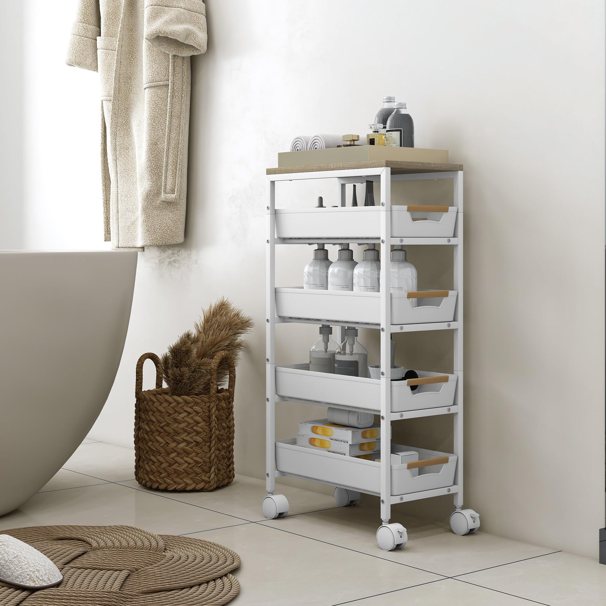 HOMCOM Carrello Cucina 5 Livelli 4 Cassetti 39.5x24x82 cm Bianco e Rovere | Estraibili, 4 Rotelle, Carrello Portavivande Salvaspazio, Metallo PP e Legno
