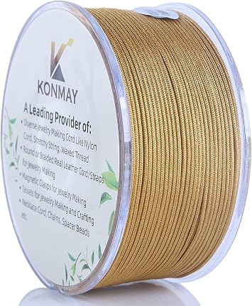 KONMAY 0.8mm Golden Nylon Bracelet String with Dispenser,130 Yards Braided Nylon Satin Cord for Jewelry Making, Beading, Necklace, Handicrafts,Wind Chime, Kumihimo, Macrame