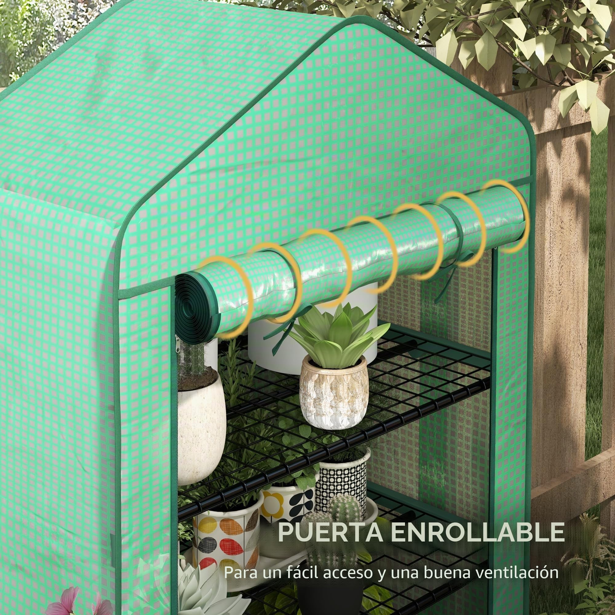 Outsunny Mini invernadero ancho 4 estantes,cubierta PE reforzada,Verde | Invernadero portátil, puerta enrollable, estantes de alambre, interior/exterior, 90x49x160cm