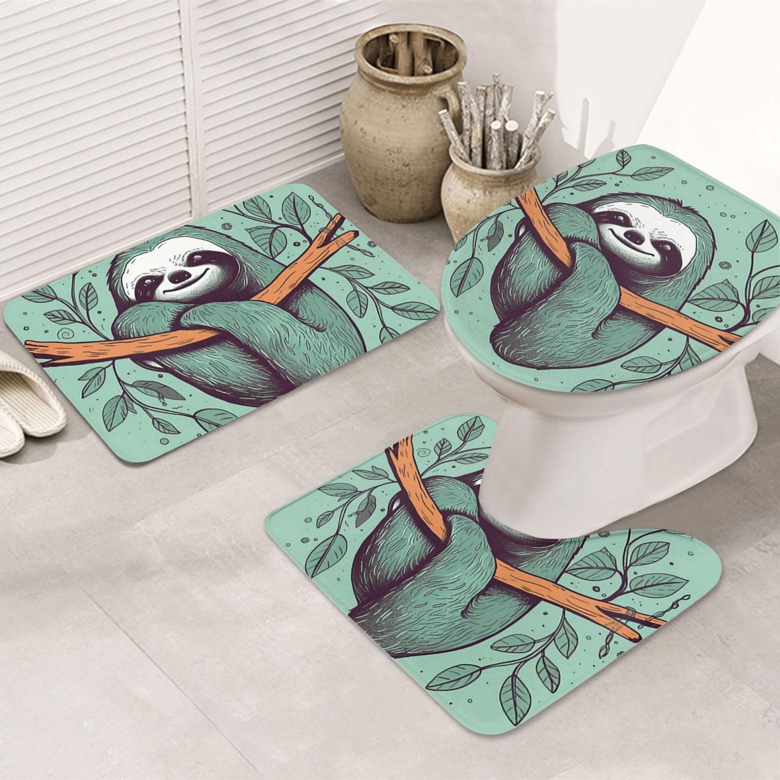 Dwrepo Sloth Green Print Bathroom Rug Set 3 Piece with Non-Slip U-Shaped Contour Mat and Toilet Lid Cover for Bathroom Decoration