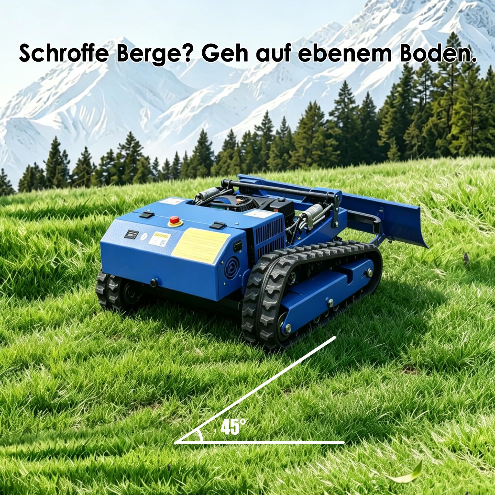 Tondeuse à Gazon Télécommandée avec Lame à Neige, Tondeuse sur Chenilles Hybride Essence-Électrique 4x4, Débroussailleuse Intégrée pour Terrain Accidenté