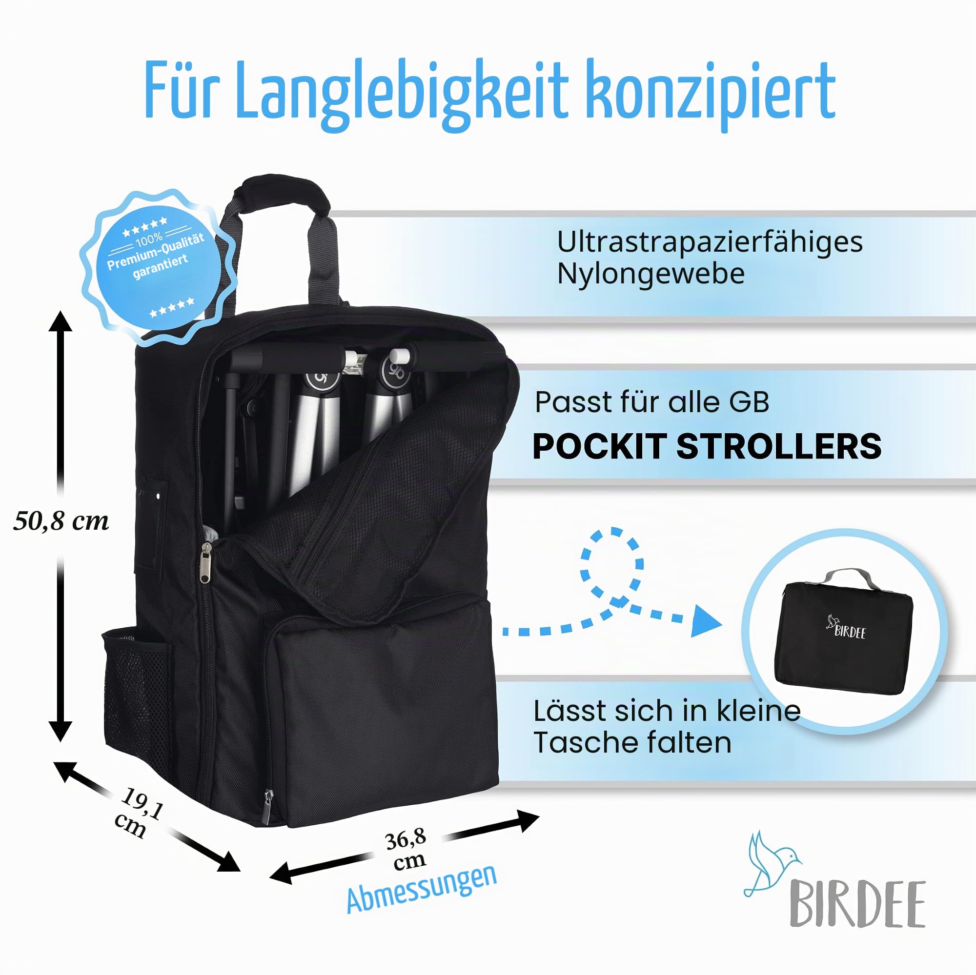 Birdee Faltbare Kinderwagen-Reisetasche passend für GB Pockit, robuster Rucksack für Flugreisen, Schwarz