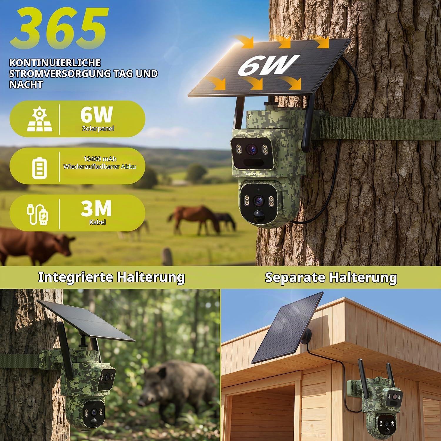 Lemnoi 4G Solar Wildkamera mit Dual-Objektiv, 2K HD, Objektverfolgung, IP66