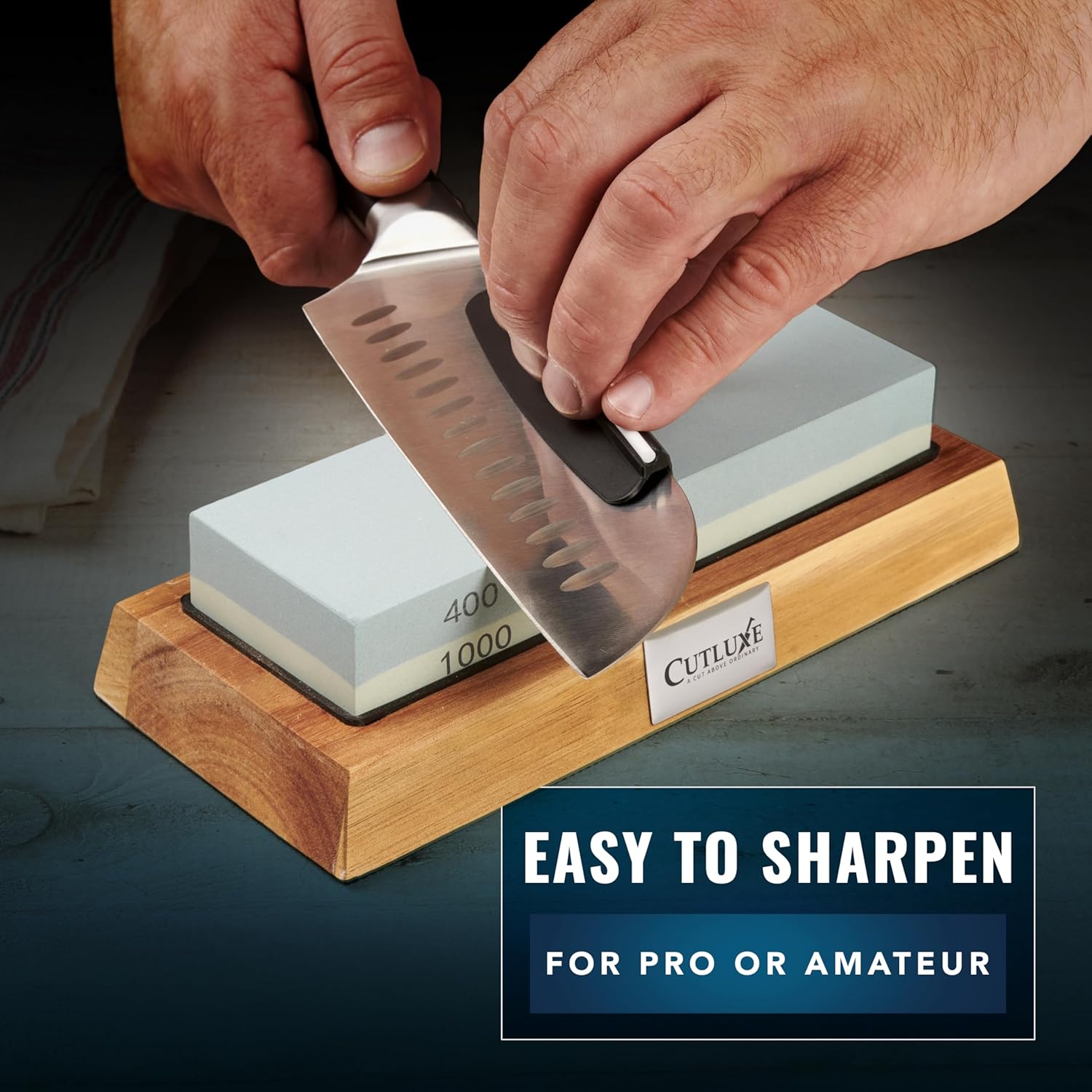 Cutluxe Santoku Knife with Razor-Sharp German Steel – Artisan Series – Complete Sharpening Stone Kit – Includes Whetstone, Non-Slip Acacia Wood Base, Angle Guide, Flattening Stone, and Leather Strop