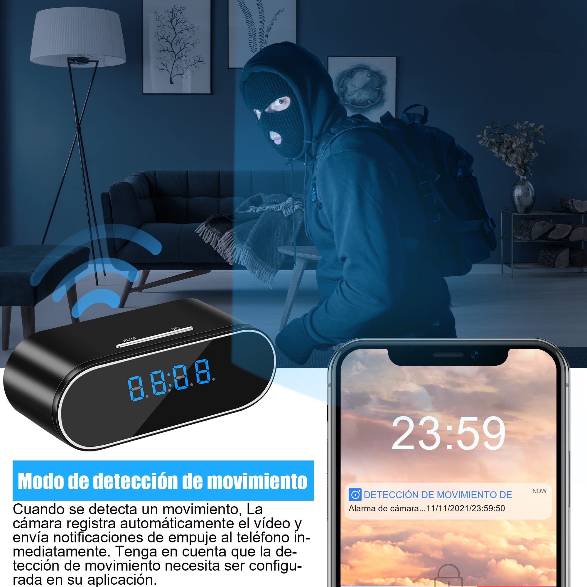 Reloj Mini Camara Espia Oculta vigilancia wifi interior 1080P - Black | HD 1080p,ángulo amplio de 140°,solo Wi-Fi 2,4G,visión nocturna,detección de movimiento,control por app,visualización remota