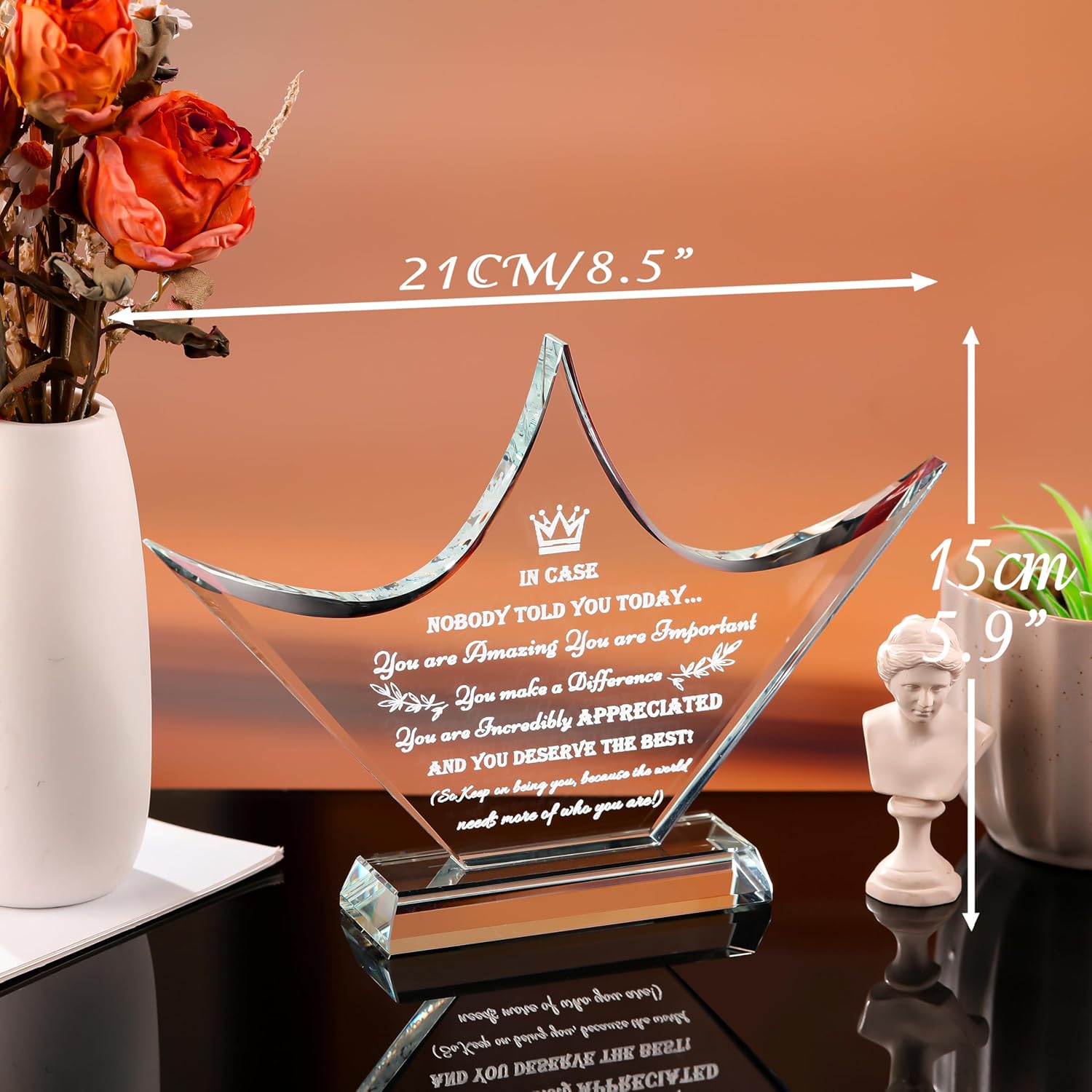 Qianwei Inspirational Gift Ideas - Crystal Crown Engraved Thank You Gifts for Women Men Friends - Appreciation Gifts for Coworker - Motivational Quote Clear Desk Sign Home Office Desk Decor