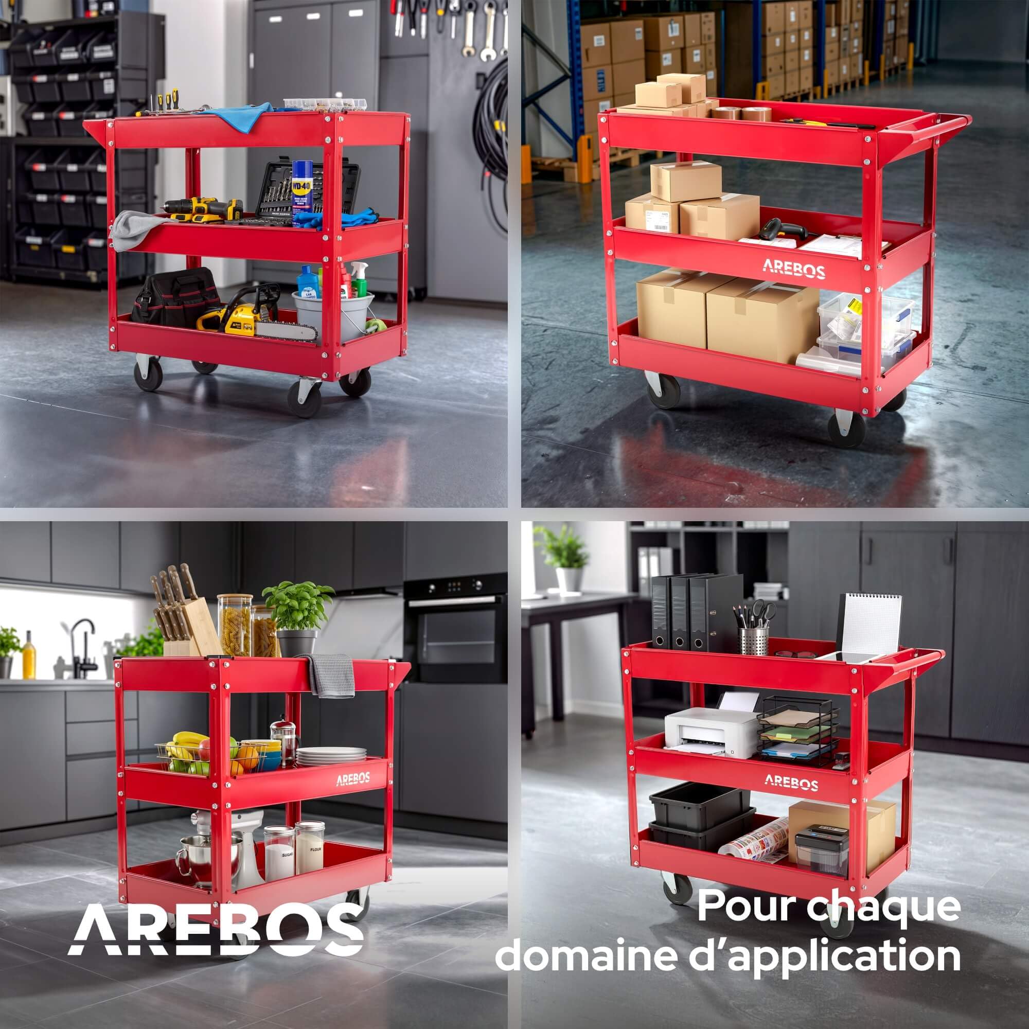 Arebos Lot de 2 Chariots d’Atelier avec 3 Étagères | Structure Robuste en Acier | Capacité Jusqu’à 120 kg | Chariot Mobile pour Atelier, Garage et Bricolage