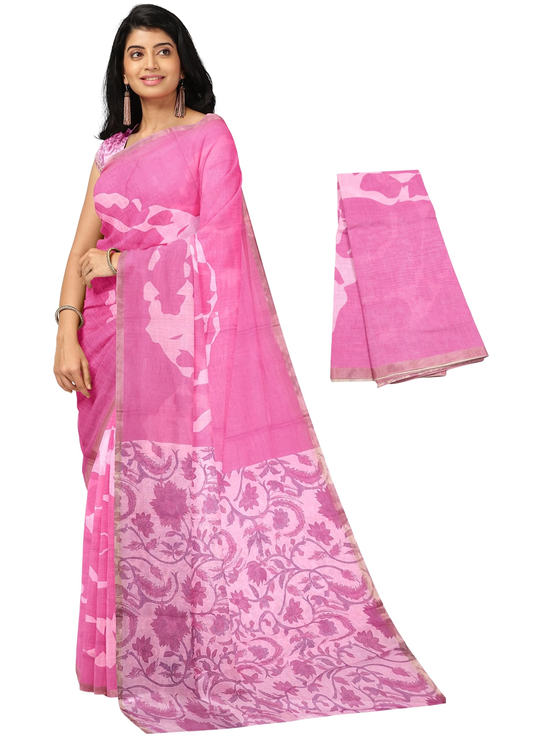 nandavanam Women's Soft Cotton Linen Printed Saree With Contrast Blouse-picture-46