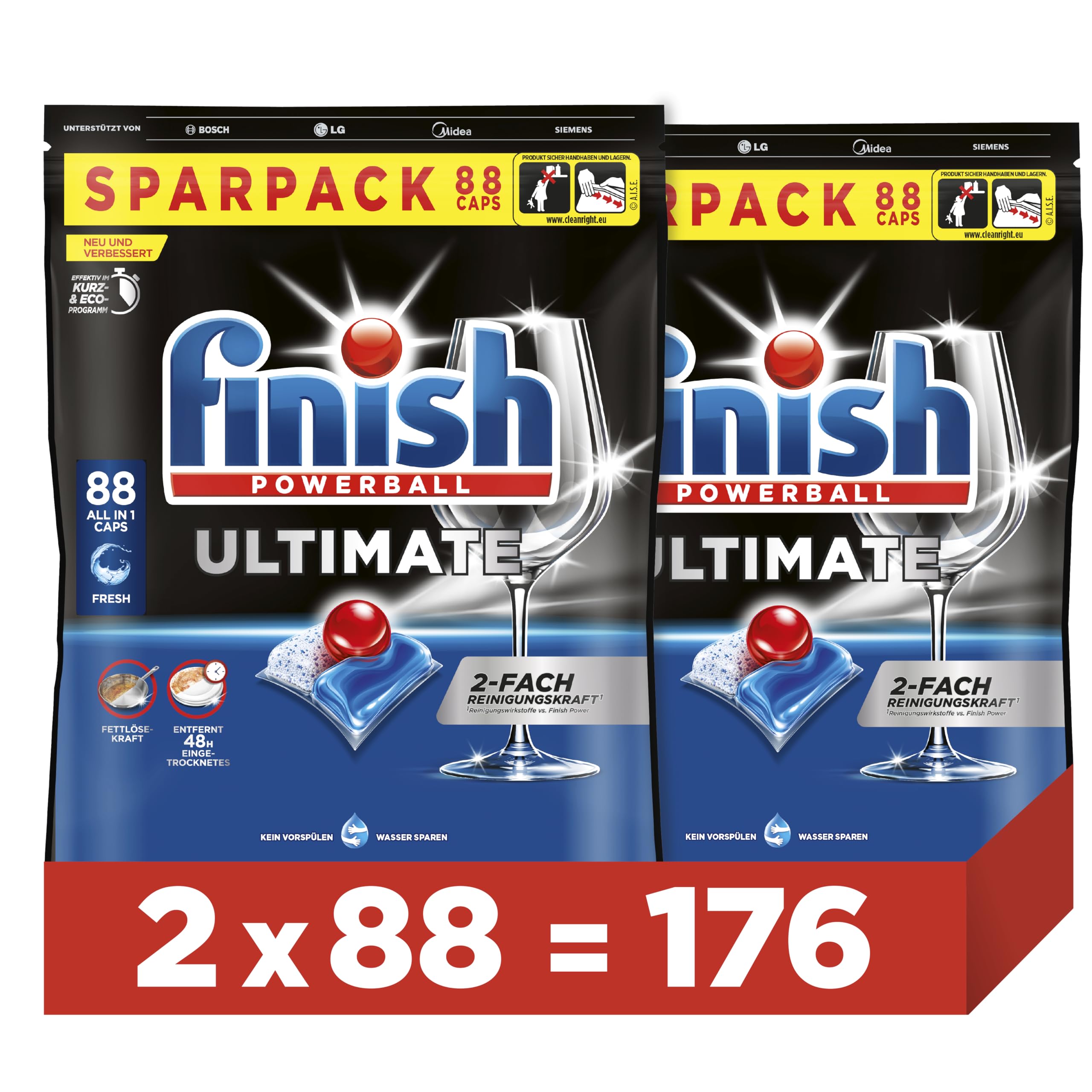 Finish Ultimate Fresh Splmaschinentabs - Geschirrspltabs für ultimative Reinigung, Fettlsekraft und Glanz - Sparpack mit 176 Tabs (2 x 88 Tabs)