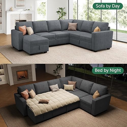 Miniatura 3 de HONBAY Sofá modular modular con cama extraíble, sofá cama de felpilla con asientos de almacenamiento, otomano, sofás seccionales en forma de U para
