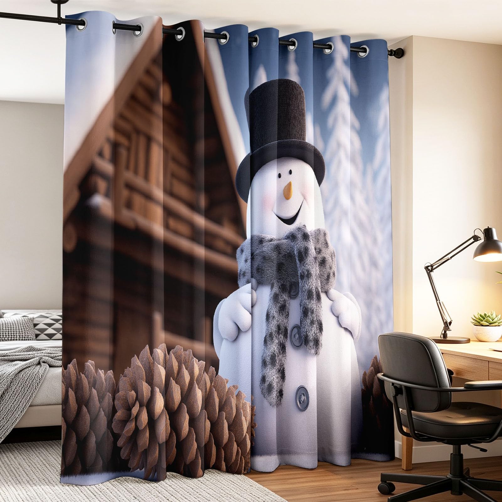 Świąteczna zasłona zaciemniająca i termiczna - bałwan sosna domek z motywem bałwana, zasłony do sypialni salonu, zasłony wewnętrzne z oczkami, 117 x 137 cm 2 panele