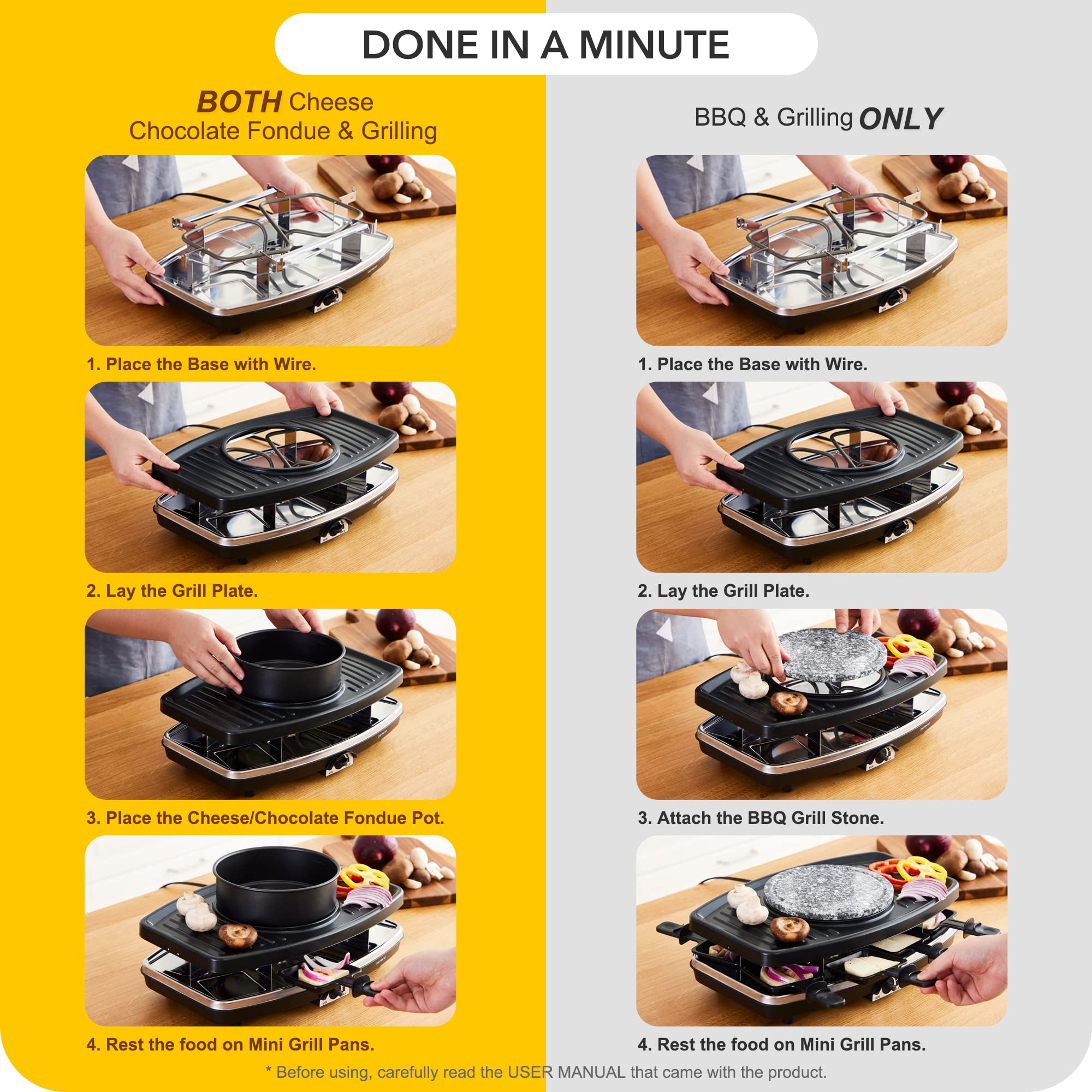 Befano Elektrischer Raclette-Grill mit Fondue-Topf-Set, tragbarer koreanischer Tischgrill für Käse, mit zwei verstellbaren Thermostaten, ideal zum Servieren von 8 Personen, perfekt für