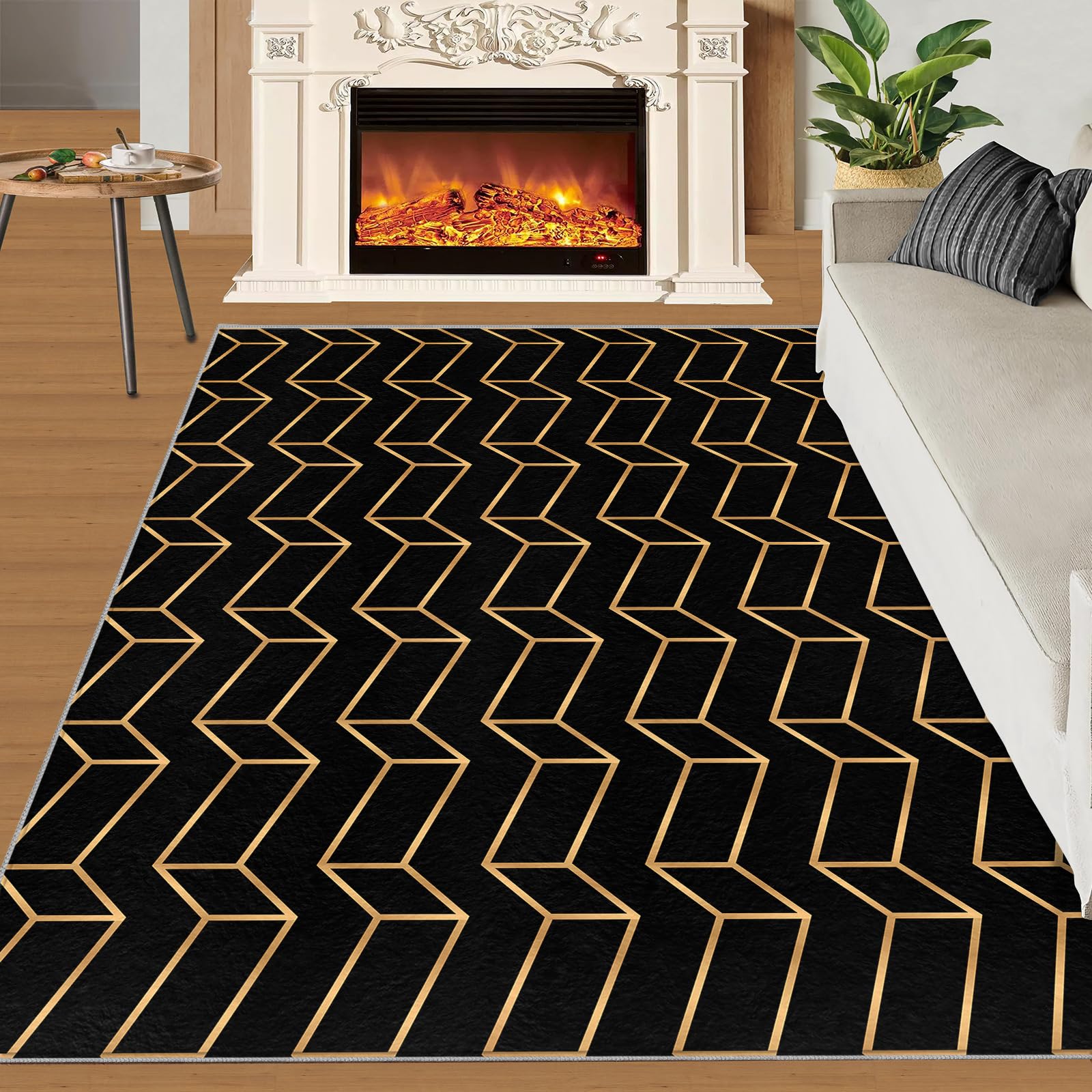 Tapis géométrique 3D, tapis géométrique carré noir et doré, tapis de chambre à coucher doux et pliable pour salon, balcon, terrasse, 150 x 200 cm