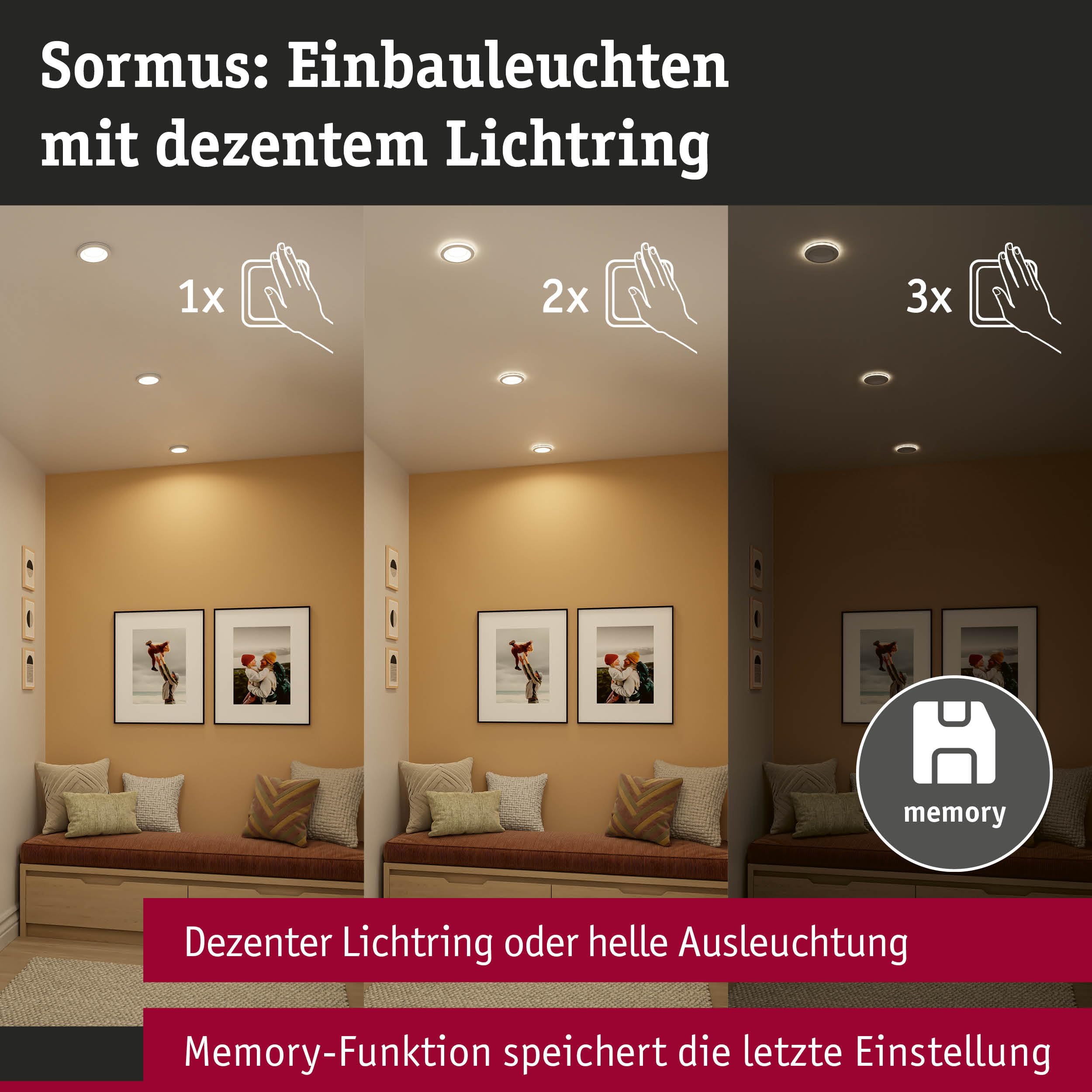 Paulmann 92248 LED Einbauleuchte Sormus IP65 rund 100mm 3x4,8/1,5W 560lm / 180lm 230V 3000K Weiß