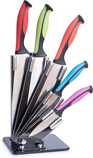 Kitchen Knife Block Set with Colour Coding - 6 Piece Coloured Knives Set - by Nouva