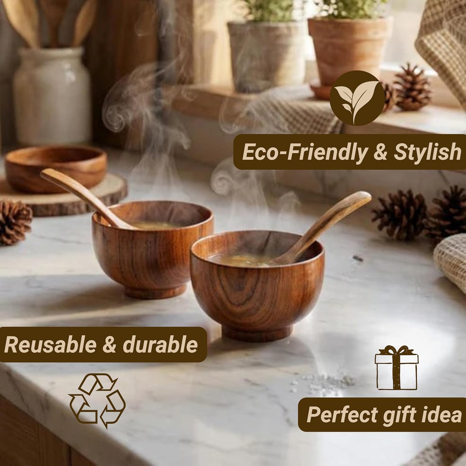 Wooden Bowl and Spoon Set of 4 - Japanese Style Natural Wood Soup Rice Salad Bowls with Spoons, Eco-Friendly Handcrafted Tableware, Housewarming Kitchen Gift