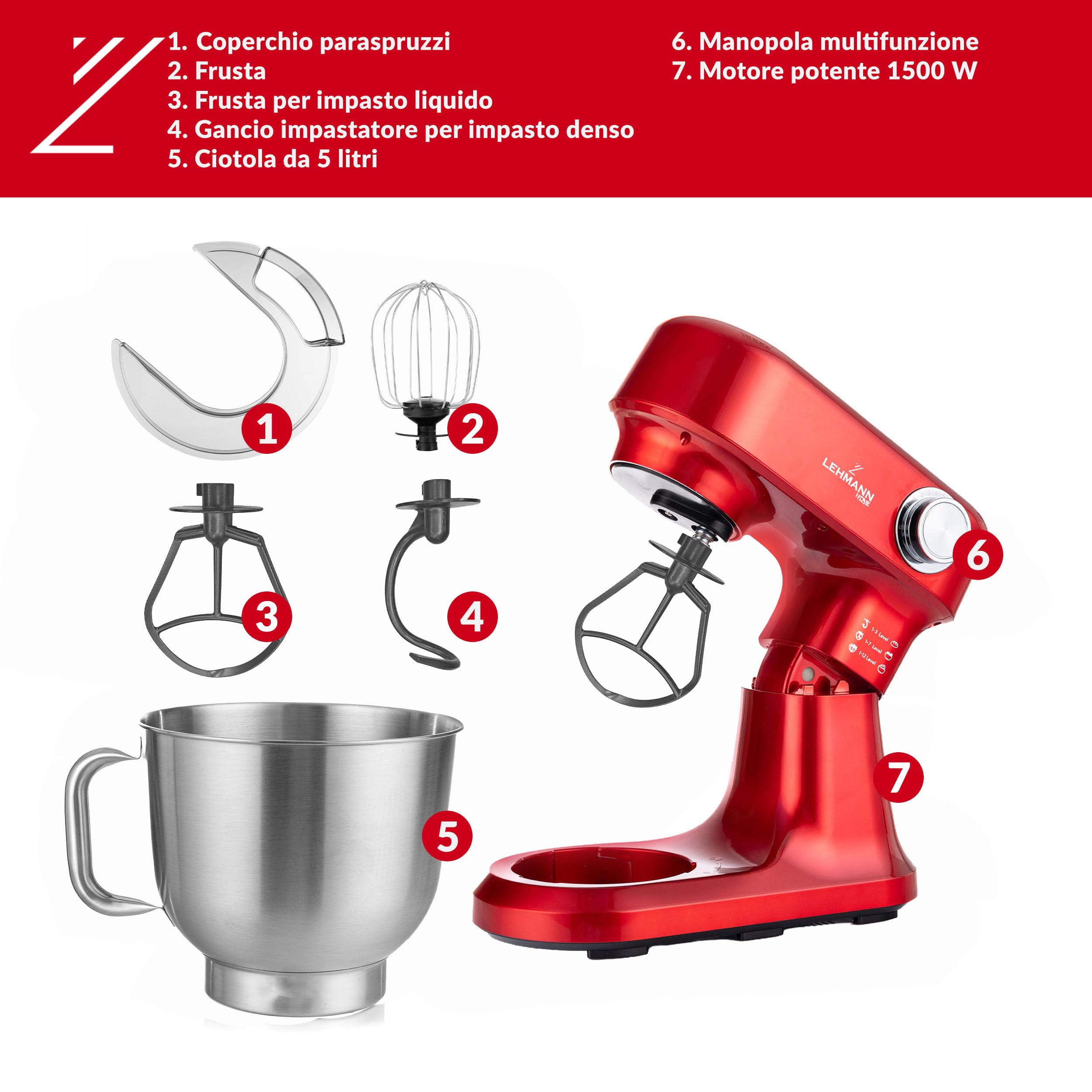 LEHMANN Impastatrice Planetaria con 12 Velocità, Ciotola 5 L, Accessori - Frusta, Gancio Impastare e Mescolatore, ideal Impastatrice per Pizza, Pane e Dolci, Rosso