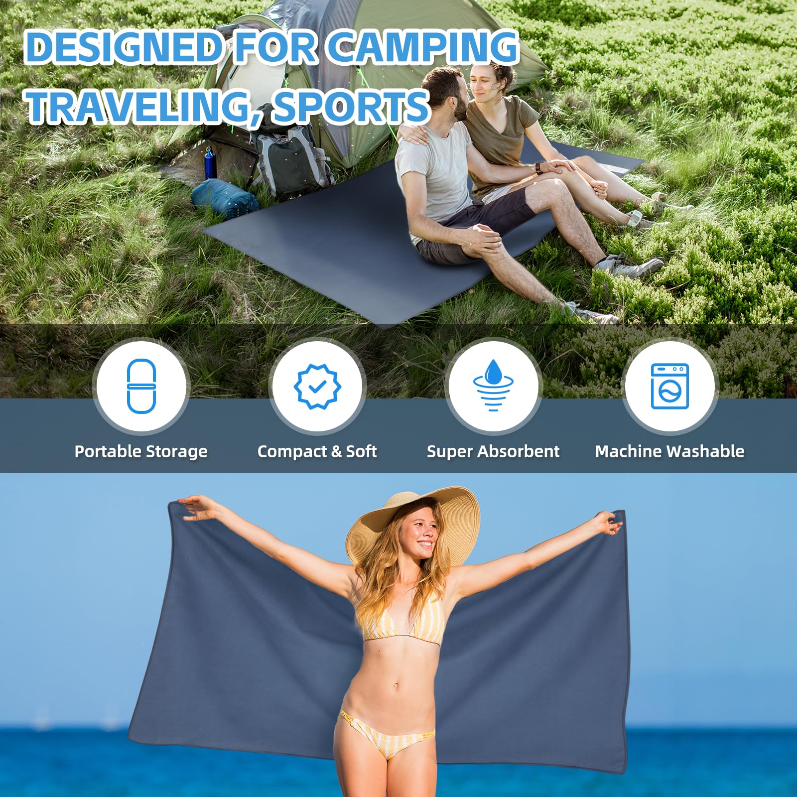 Toalla de camping, de secado rápido, ligera, compacta, absorbente (azul marino)