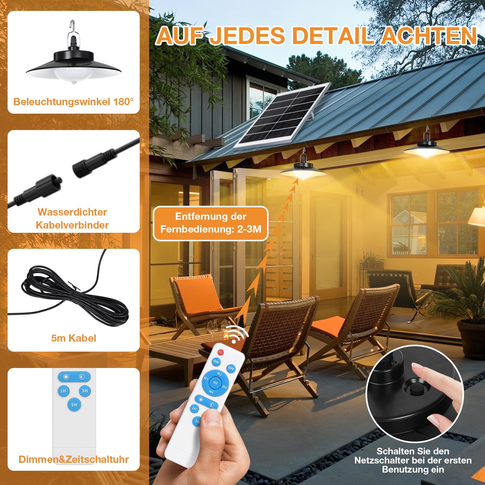 Solarlampen Außen mit Bewegungsmelder Hängend, Extra Hell LED Solar Hängeleuchte Lange Betriebsdauer mit 4000mAh Akku, 5 Modi, Timer, IP65 für Garten Terrasse Balkon Innen(4 Lampe, Warmweiß)