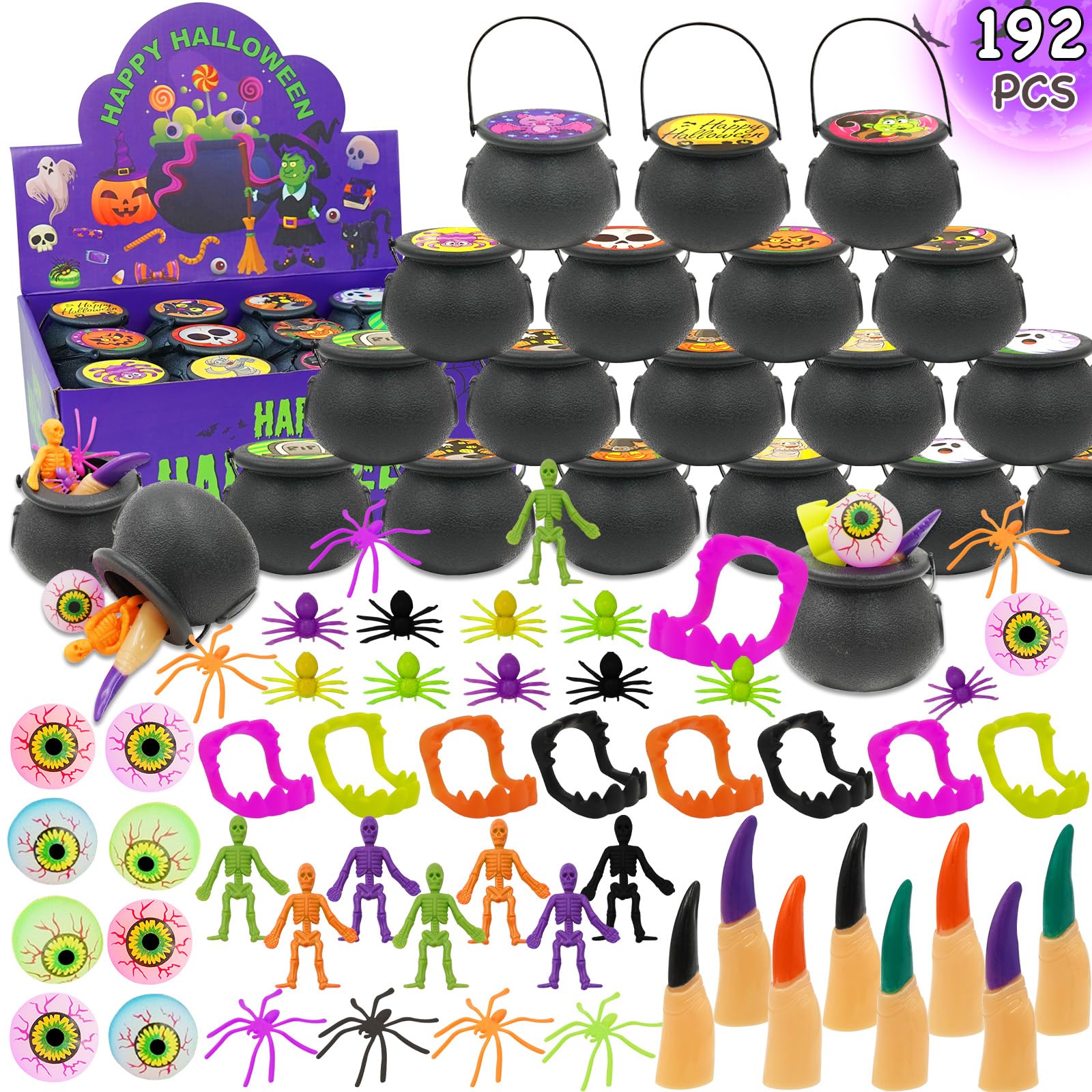192 PCS Halloween Party Favors for Kids, 24 Pack Prefilled Small Plastic Witch Cauldron Halloween Toys in Bulk for Halloween Party School Classroom Prizes Trick or Treats Gifts