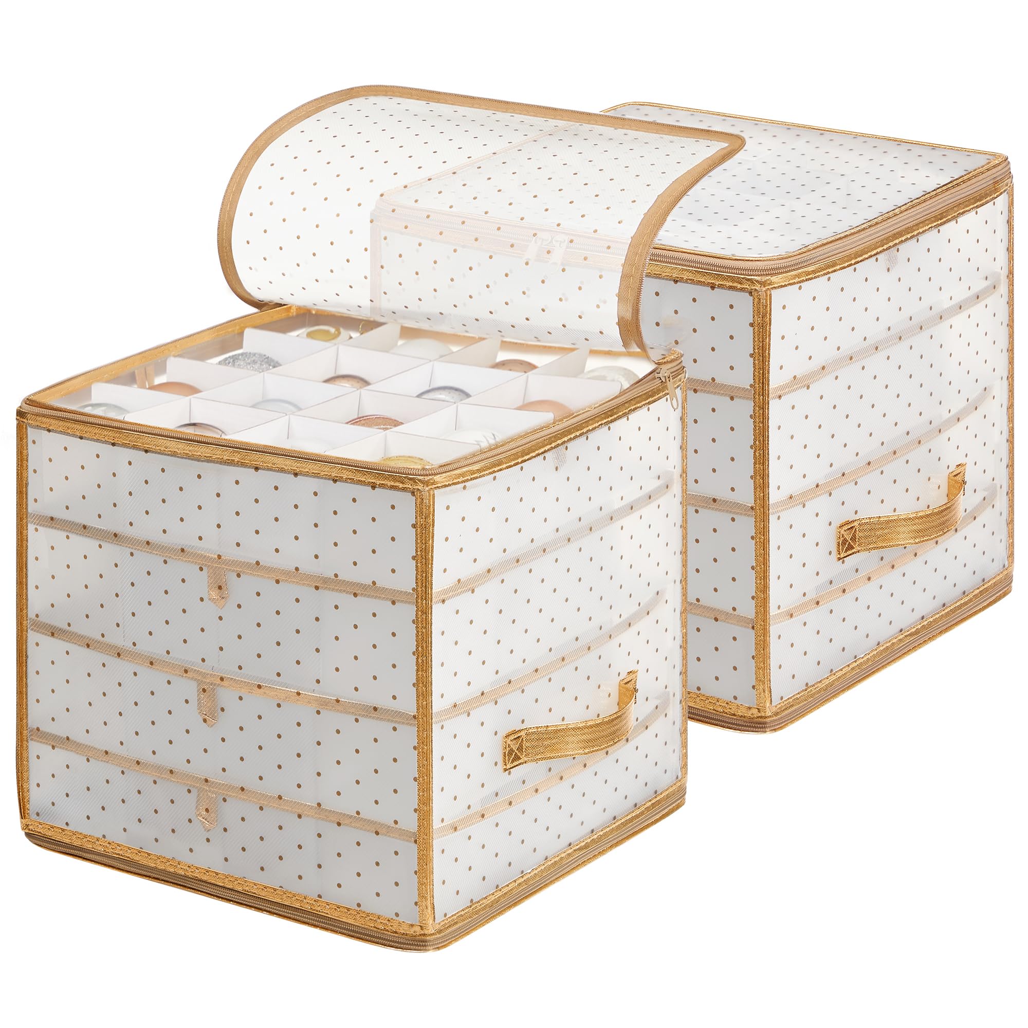 SONGMICS Contenitori per Palline di Natale, Scatole per Decorazioni Natalizie, Set di 2, 128 Posti da 7,6 cm, Vassoi Rimovibili, 33,5 x 33,5 x 34 cm, Dorato Sabbioso RFB029A02