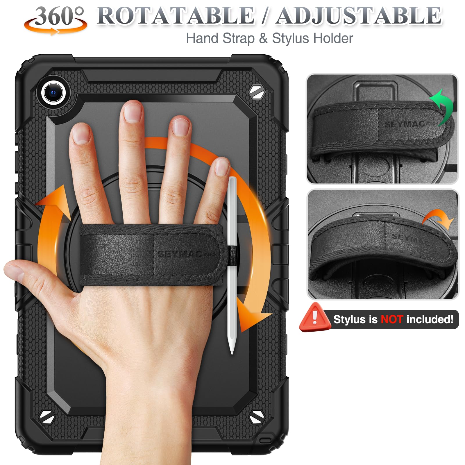 SEYMAC stock Coque pour Samsung Galaxy Tab A11+ Plus 11'' 2025/ A9+ Plus 11'' 2023, Coque Antichoc avec Protecteur D'écran Porte-Stylo [Dragonne Rotative à 360] et Support, Noir