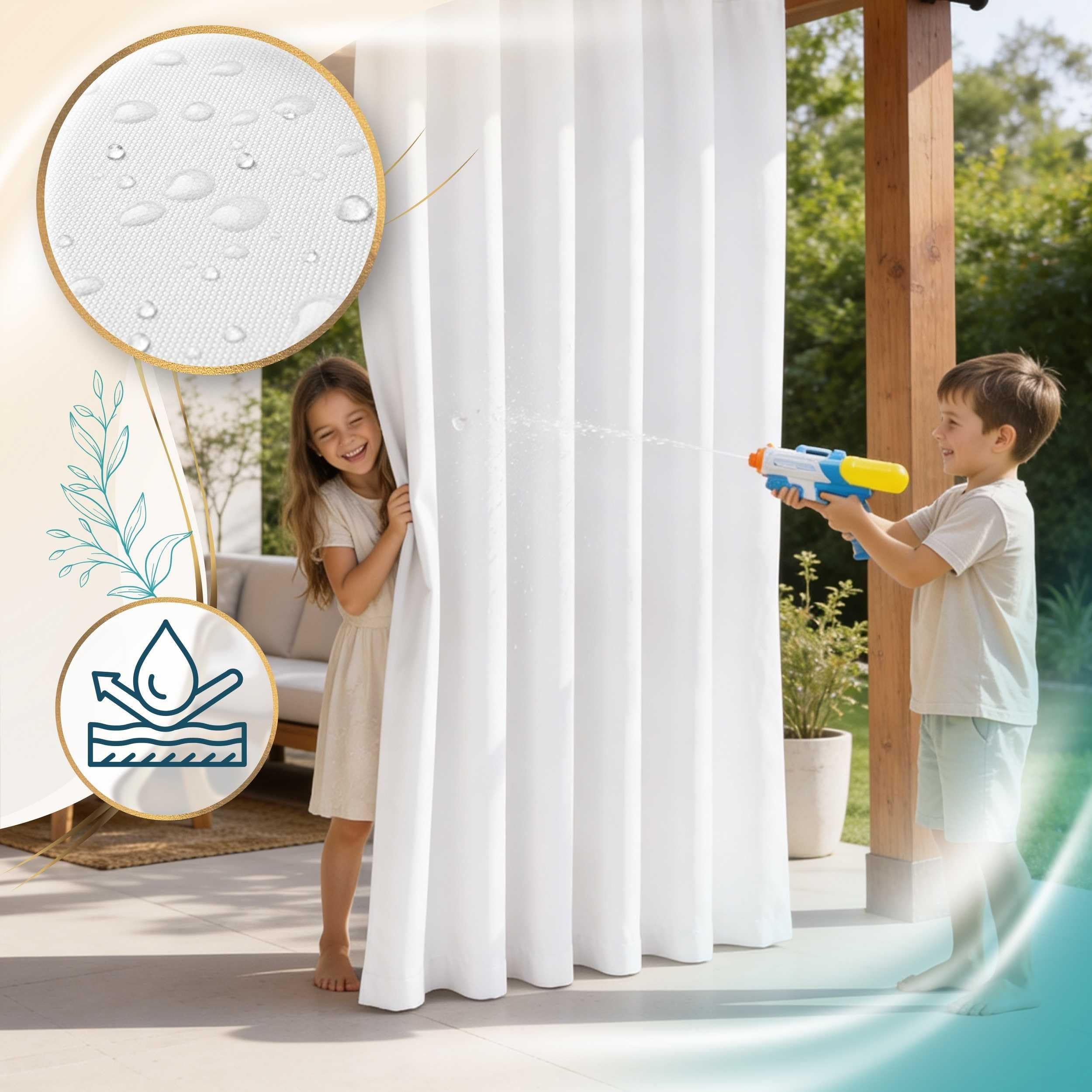 Outdoor Vorhang Weiß 155x180 cm wasserdicht Kräuselband | Polyester Oxford 500D wasserdicht · kompakte Höhe für Geländer & Balkon · Pergola, Pavillon, Carport · 14 Farben