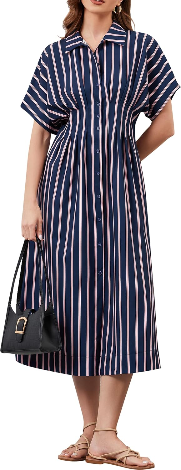 Women Striped Button Down Pleated Shirt Dress Summer Short Sleeve Ruffle A Line Swing Long Blouse Midi Long Dress Navy Blue