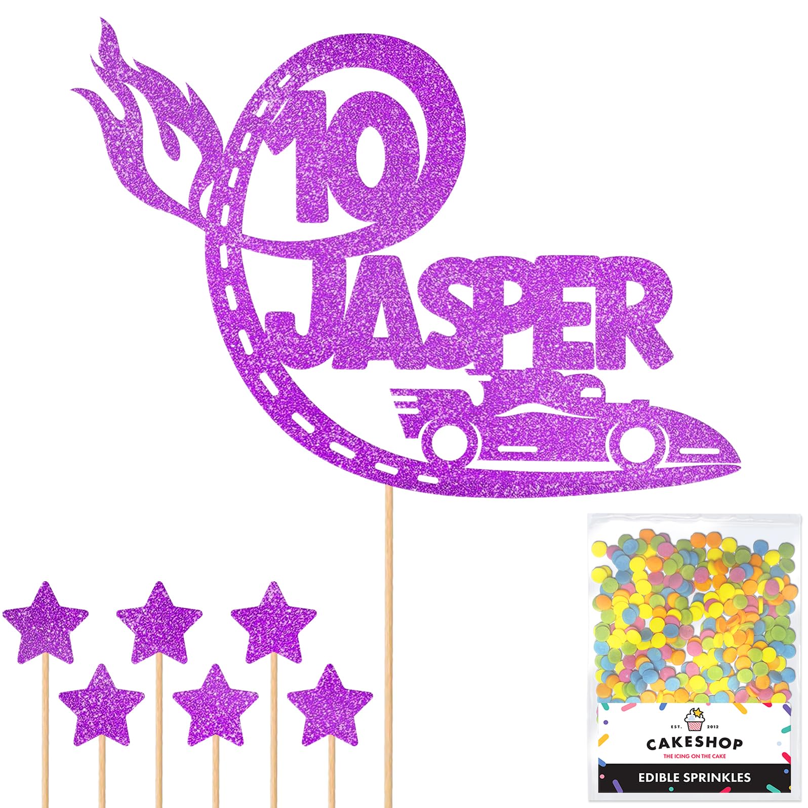 Personalised F1 Motor Racing Car Glitter Cake Topper - Purple Custom Age & Name Glitter Cake Decoration and Sprinkles - Happy Birthday Decorations - Personalised Toppers for Cakes by Cakeshop