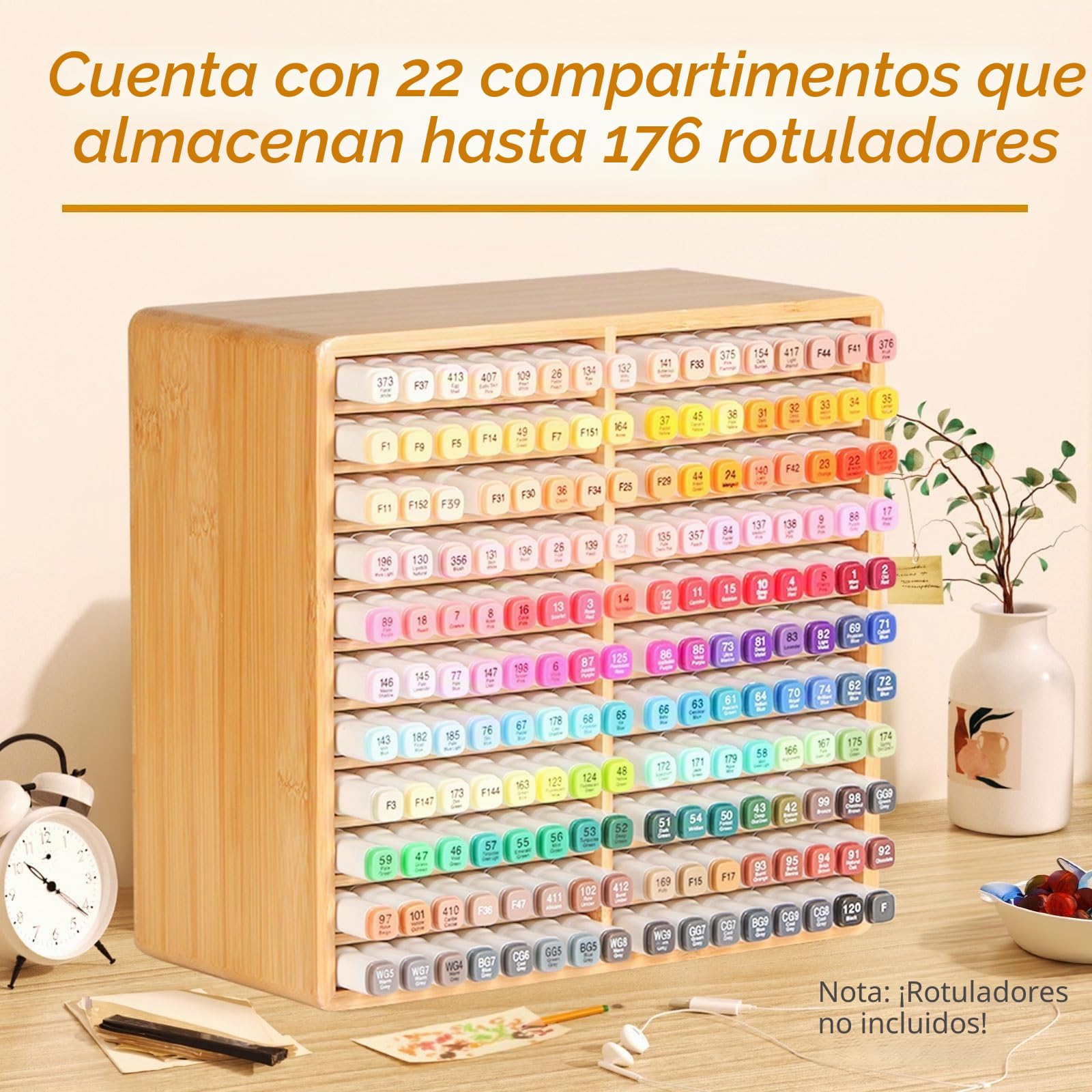 walowalo Organizador de marcadores con capacidad para 176 marcadores, regalos de cumpleaños, soporte para bolígrafos de bambú, suministros de arte, organizador de almacenamiento de alcohol, 22