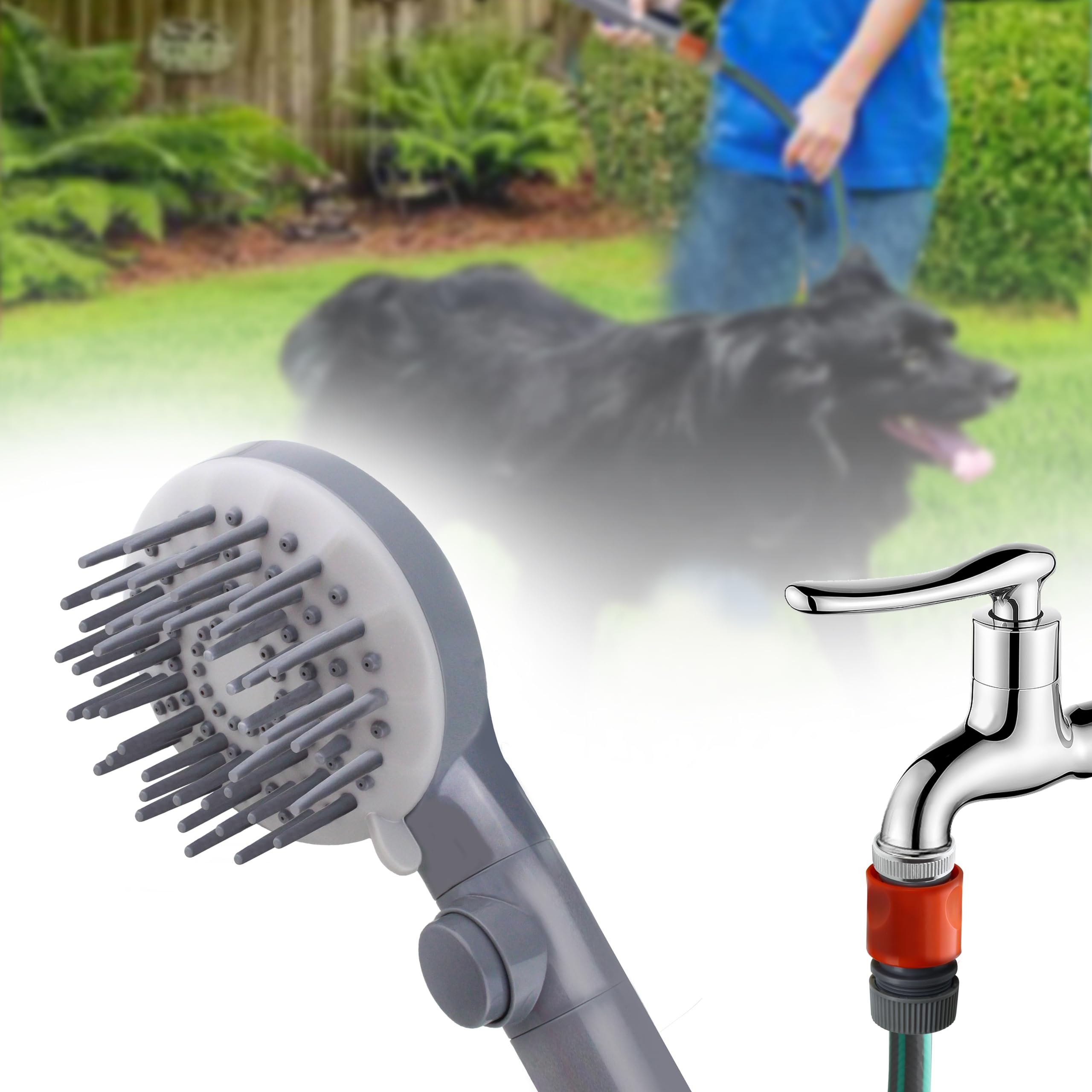 Douche pour animaux de compagnie avec bouton pause et dents de toilettage