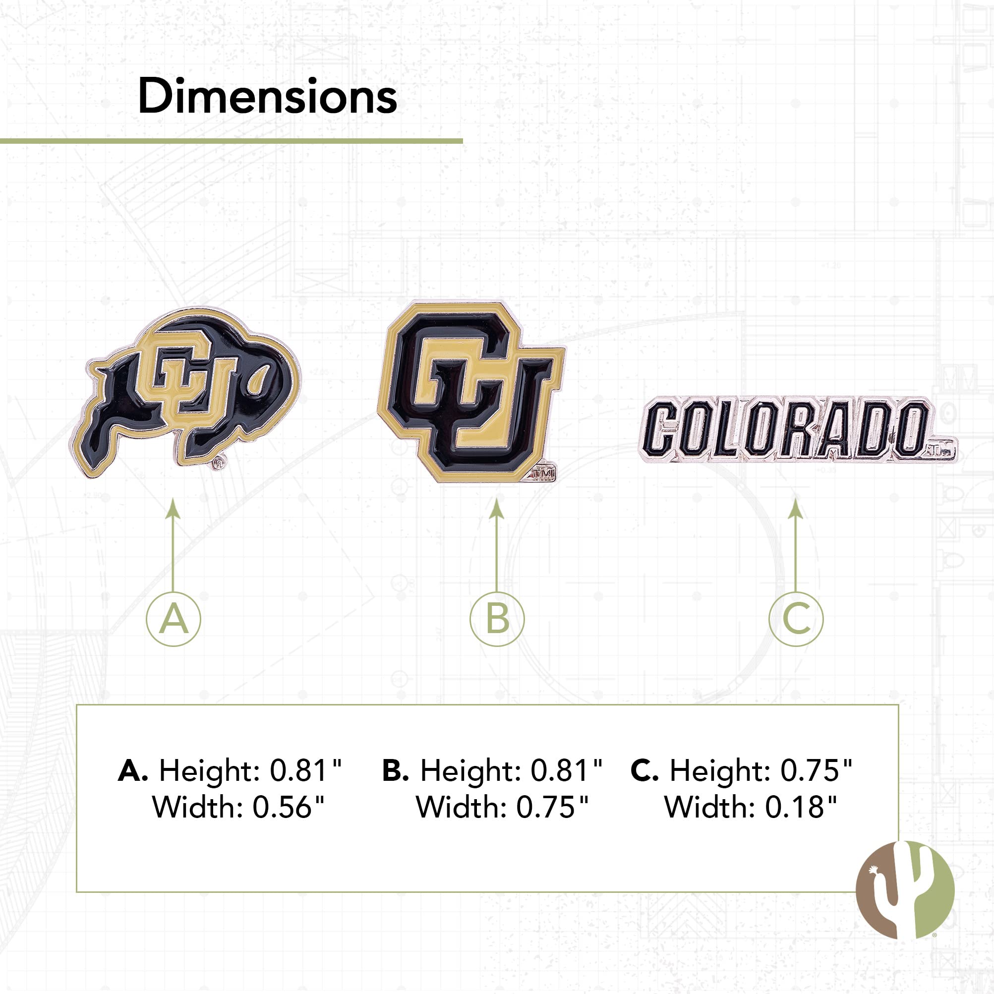 Desert Cactus University of Colorado Lapel Pins 3 Pack Buffaloes CU Buffs Logo Enamel Made of Metal (Pin Set)