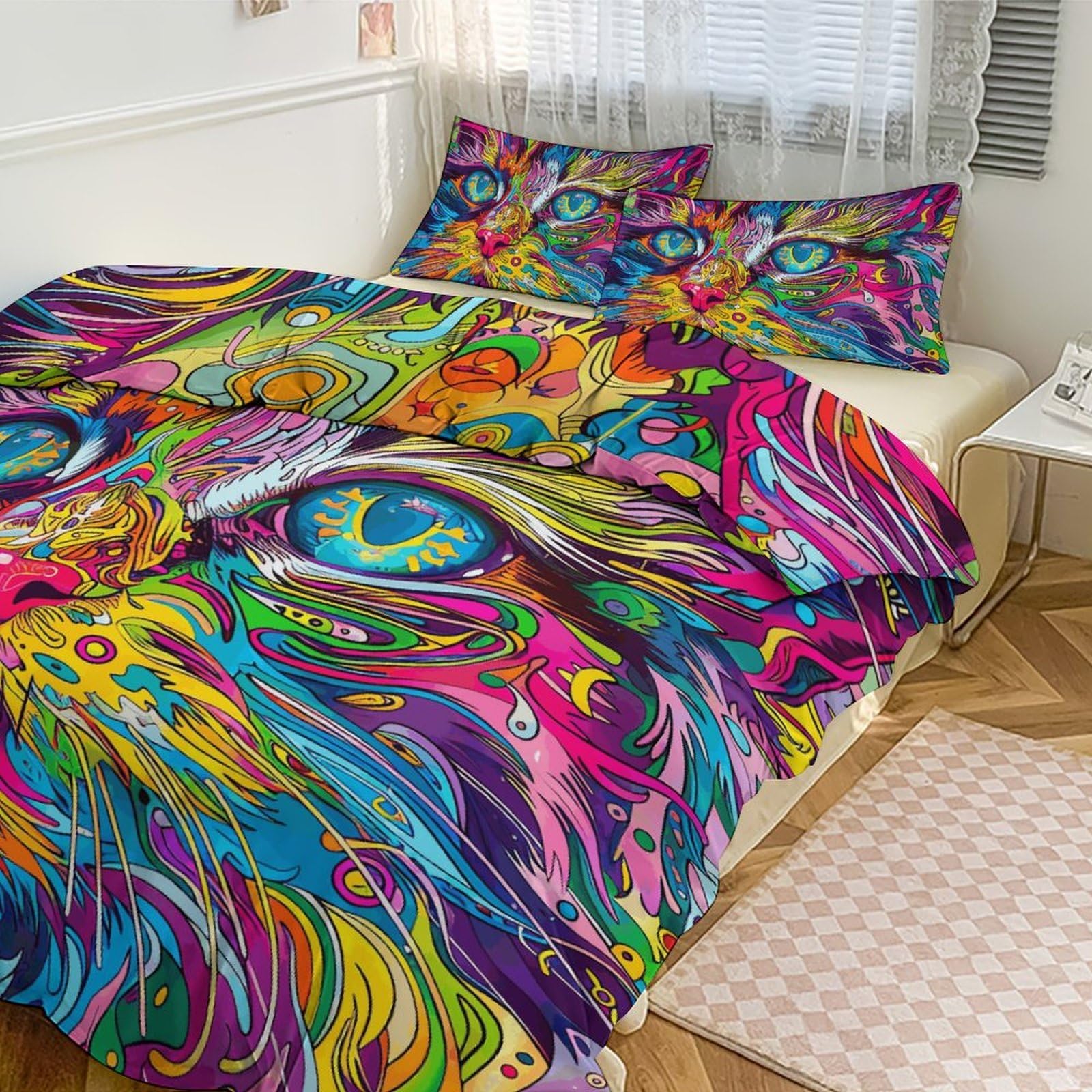 Housse de couette chat psychédélique respirante pour une chambre moderne et originale