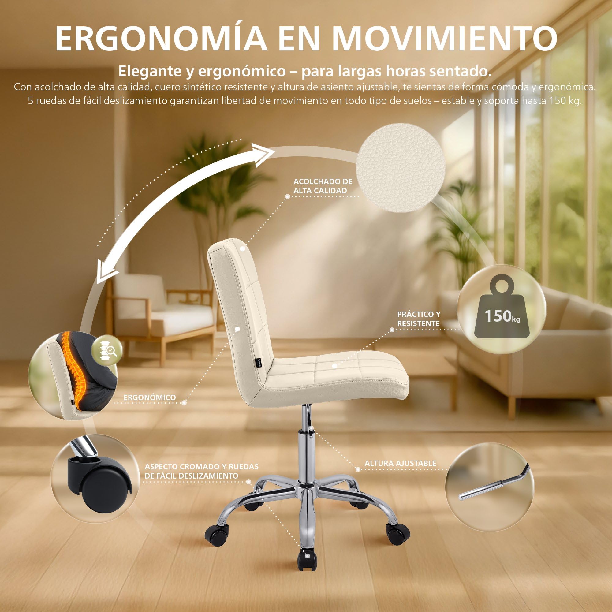 CLP Taburete de Trabajo Ajustable en Altura con Respaldo y Ruedas Darfield, Silla ergonómica giratoria 360°, soporta hasta 150 kg, Color:Crema, Material:Cuero Sintetico
