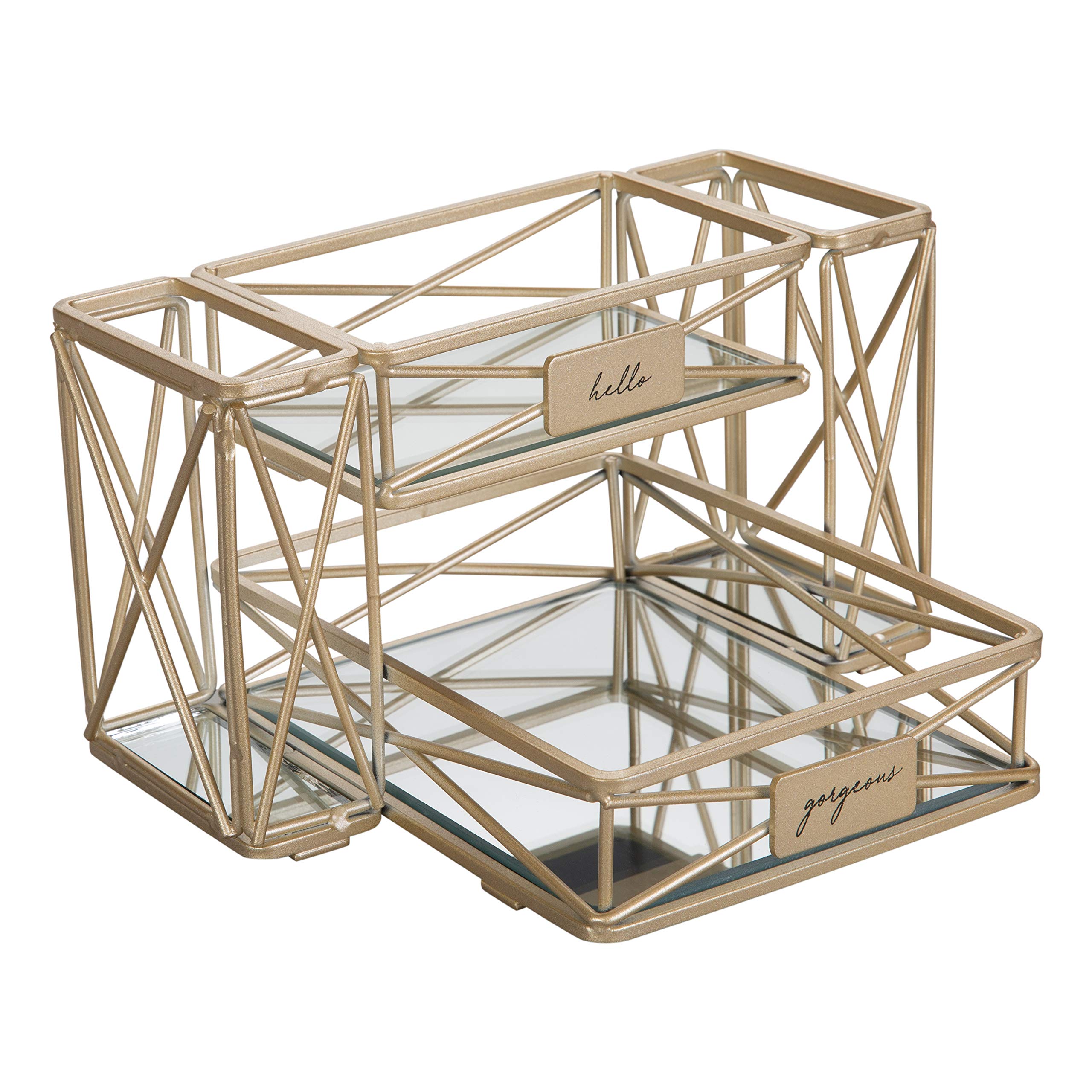 Home DetailsBeauty Essentials Mirrored Vanity Tower, Jewelry Organizer, Make-Up Storage, Perfume Tray, Brush Holder, Satin Gold, 2 Tier