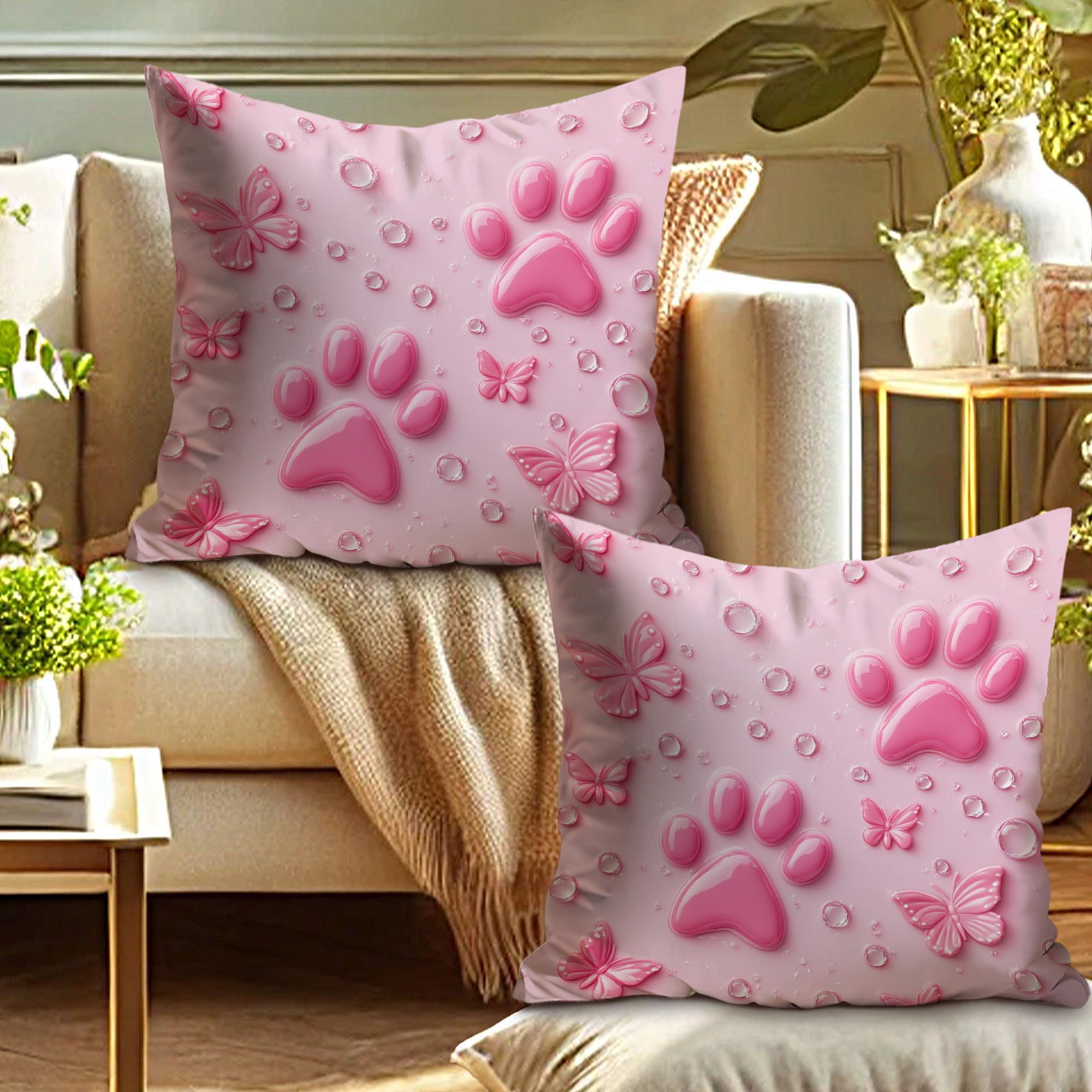 Cute Peach Paw Print Pillow Covers Set of 2, Adorable Peach Butterflies Decorative Cushion Cases for Kids Room, Spring Home Decor for Sofa Couch 18x18 Inch