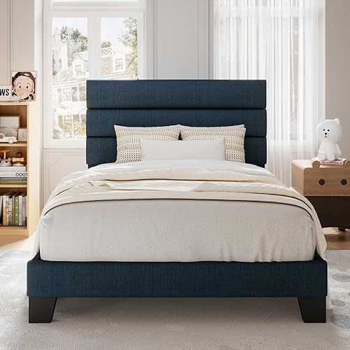 Miniatura 86 de Allewie - Base de cama tamaño King con cabecera tapizada en tela y soporte de listones de madera; base de colchón completamente tapizada; no Azul