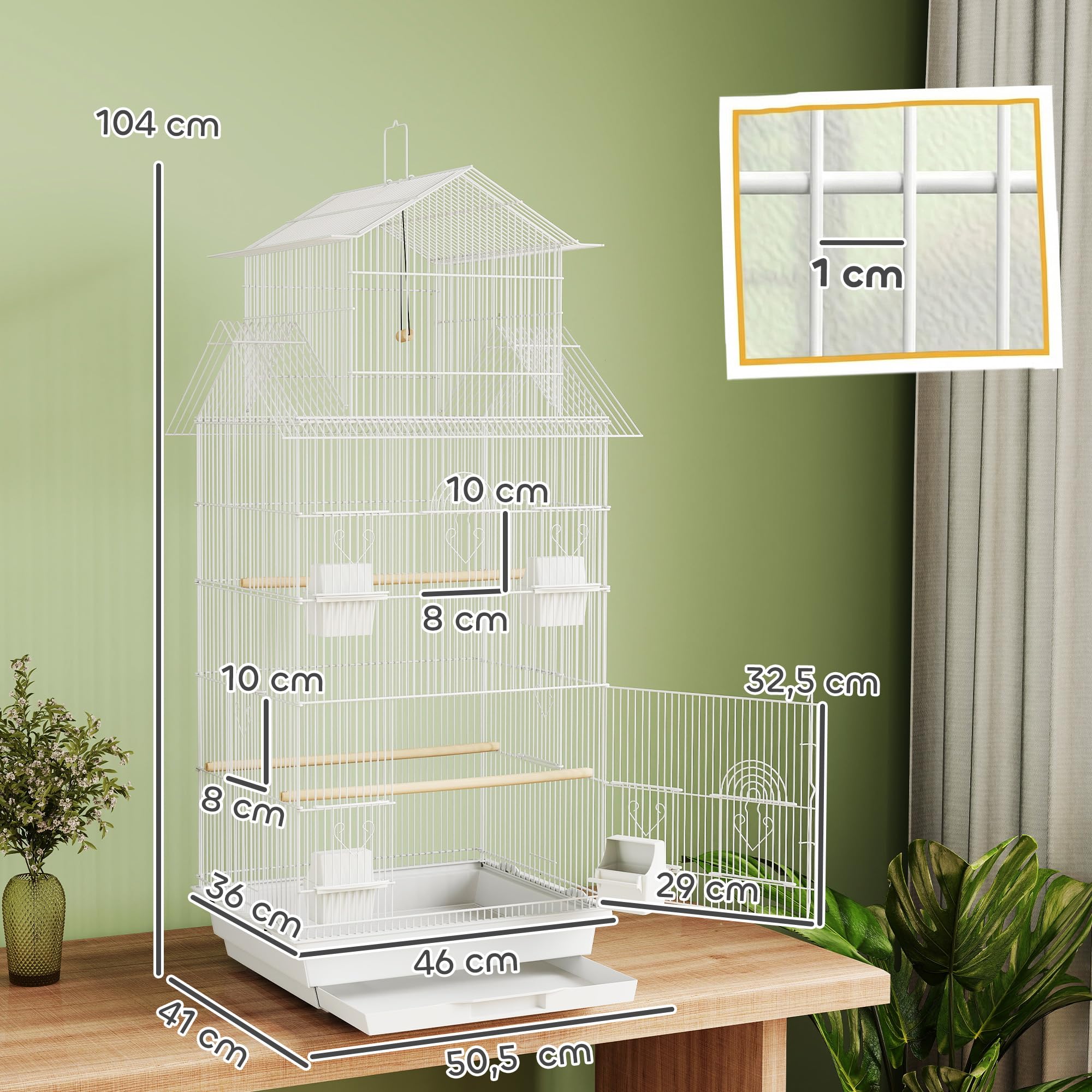 PawHut Jaula para Pájaros de Acero Pajarera con Comederos Perchas Columpio y Bandeja Extraíble Jaula Grande para Loros Canario Periquito 50,5x41x104 cm Blanco