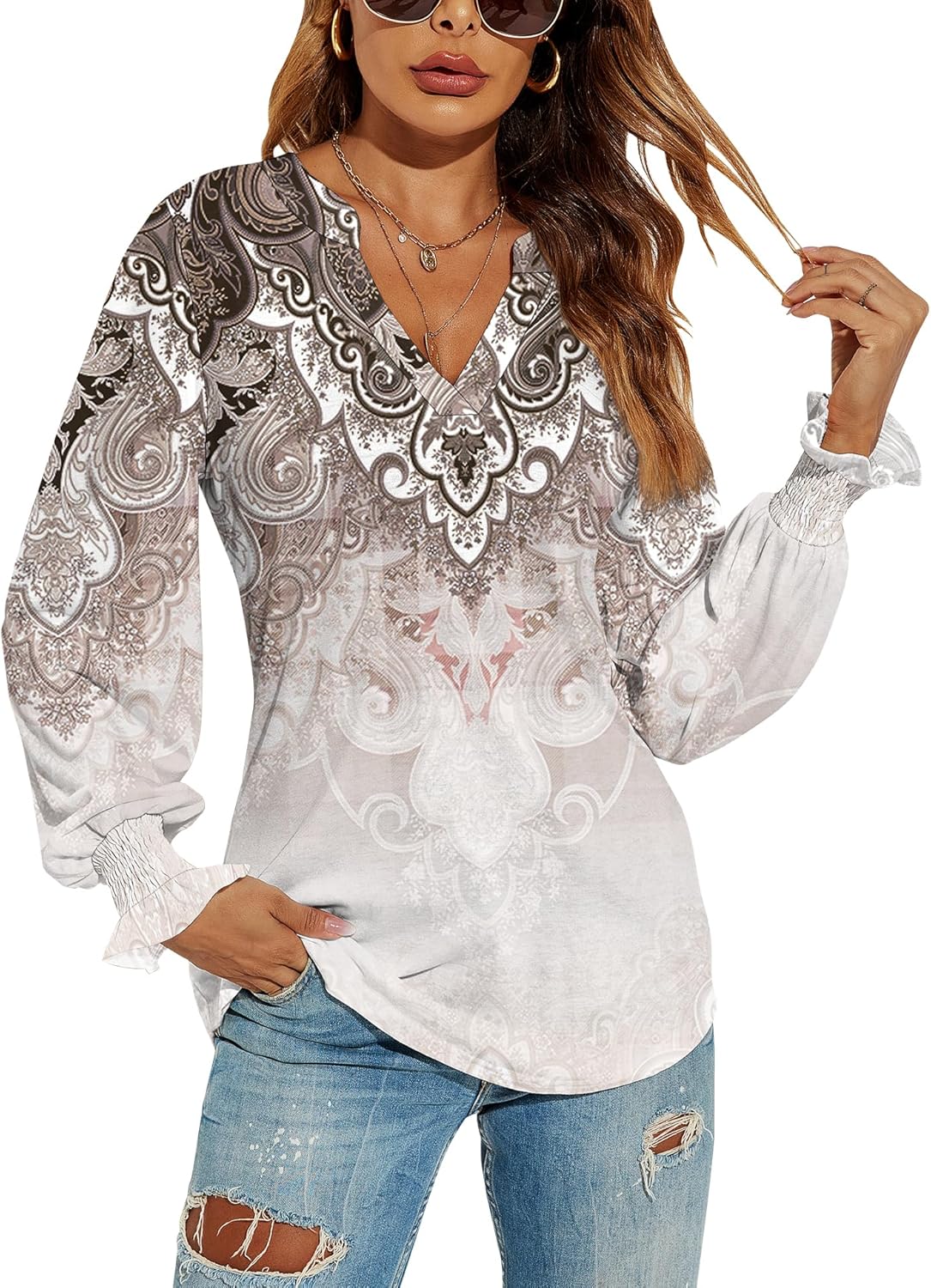 Romanstii Women's Casual V-Neck T-Shirts Loose Puff Long Sleeve Tops Tunic Blouses